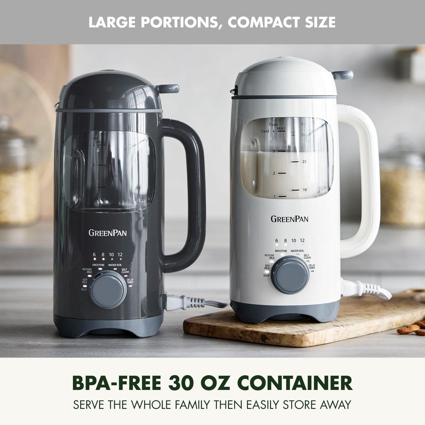 GreenPan Nut Milk Maker, 15-in-1 Homemade Soy, Almond, Oat, Coconut, Non-Dairy, Rice, Soup, Baby Food, BPA-Free, Smooth Creamy Texture, Self Clean, Barista Quality Milk, Delay Start, Boil Water, Cream
