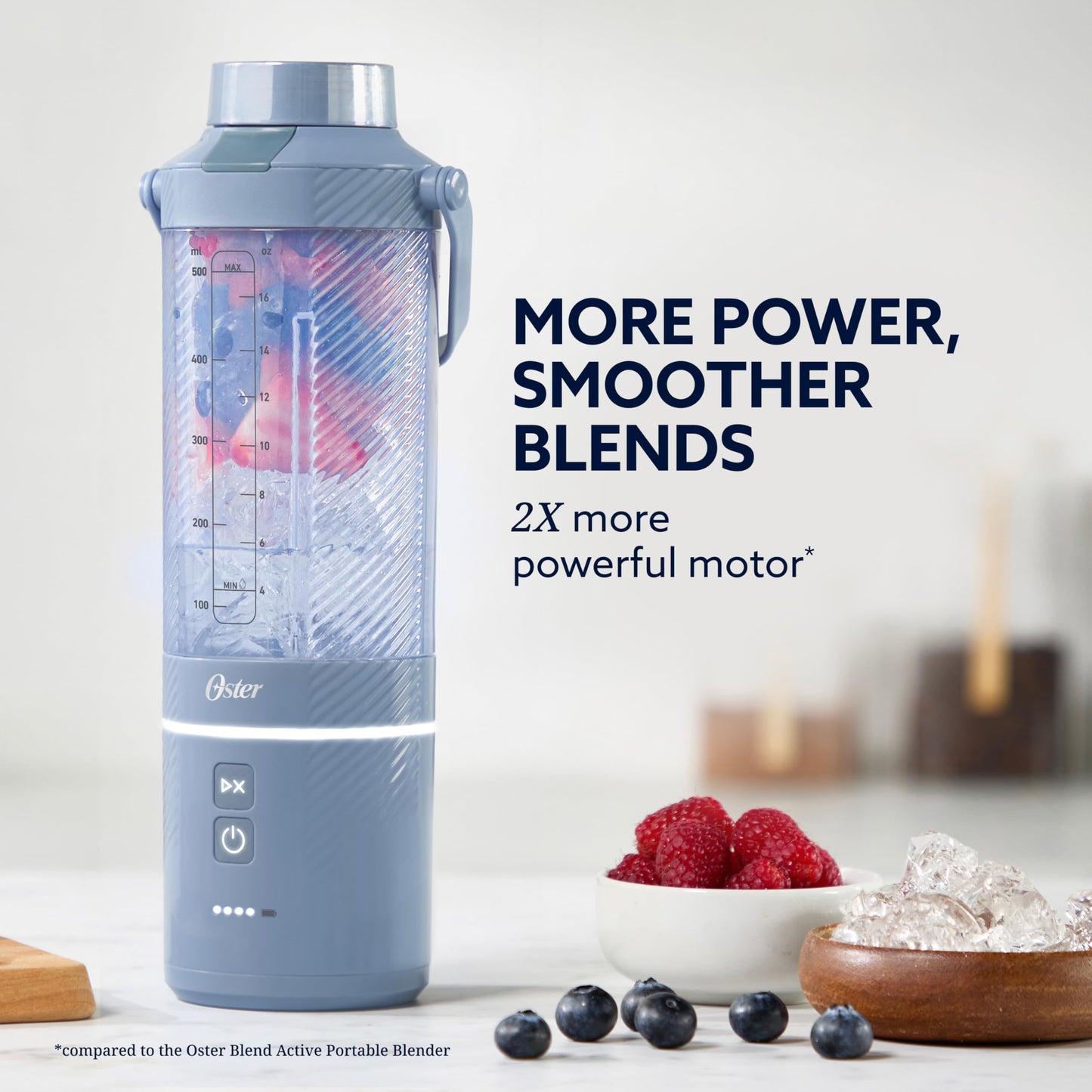 Oster GoMax Portable Blender, 20 oz Cordless Personal Blender for Smoothies & Shakes, USB-C Rechargeable, Anti-Jam Reversible Blade, Leak-Proof Travel Lid, Dishwasher Safe Parts, BPA-Free, Blue