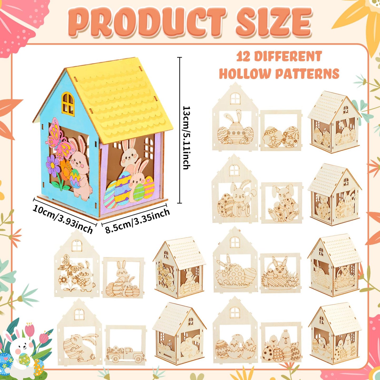 Jenaai 24 Sets Wooden Spring Houses Craft Kit DIY Bulk Easter Village Sets 3D Wood Bunny House Crafts to Paint Art for Spring Easter Gift Party Supplies Table Decorations