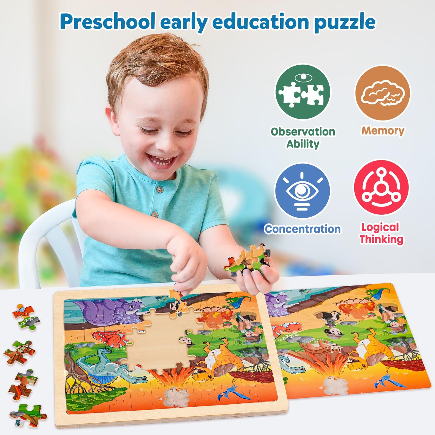 SYNARRY Wooden Dnosaurs Puzzles for Kids Ages 4-8, 6 Packs 60 PCs Jigsaw Puzzles for Kids 3-5, Kids Wood Puzzles Educational Toys Gifts Ages 3 4 5 6 7 8 Year Olds Boys Girls