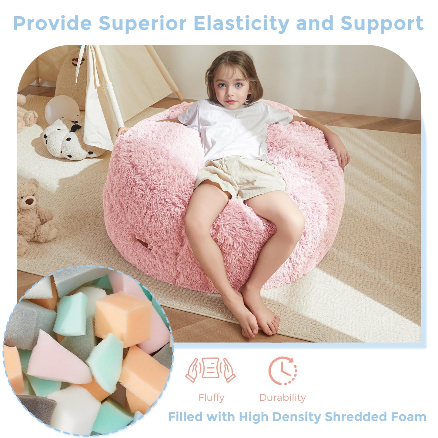 MAXYOYO Bean Bag Chair Bed for Kids, Plush Convertible Bean Bag Folds from Lazy Chair to Floor Mattress Bed, Stuffed Floor Sofa Couch for Boys and Girls, Machine Washable, Pink