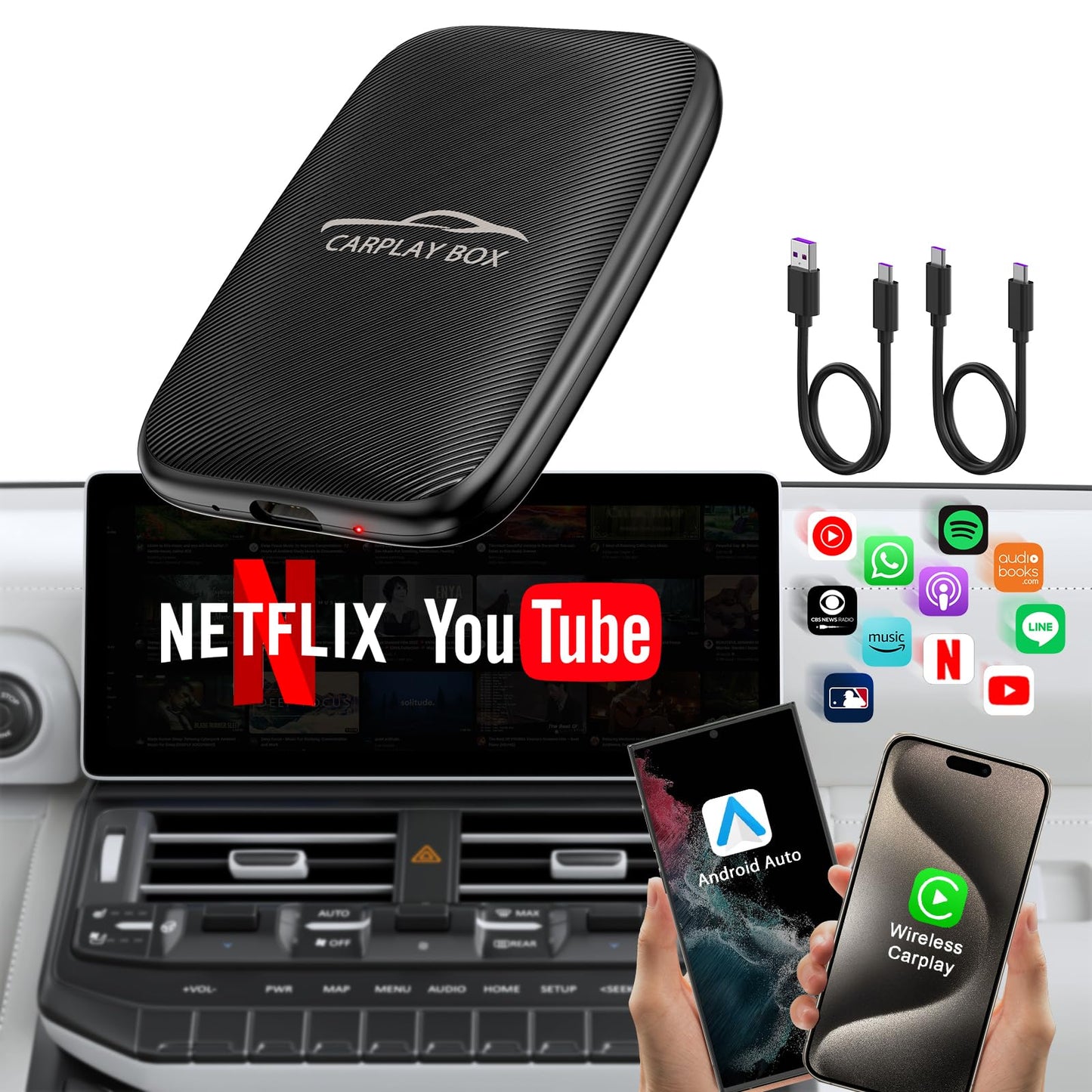2025 Upgraded Wireless CarPlay and Android Auto Adapter -Built in YouTube Support TF Card,Magic Car Play AI Box Convert Wired to Wireless Dongle, Apple Carplay Adapter for Cars from 2016