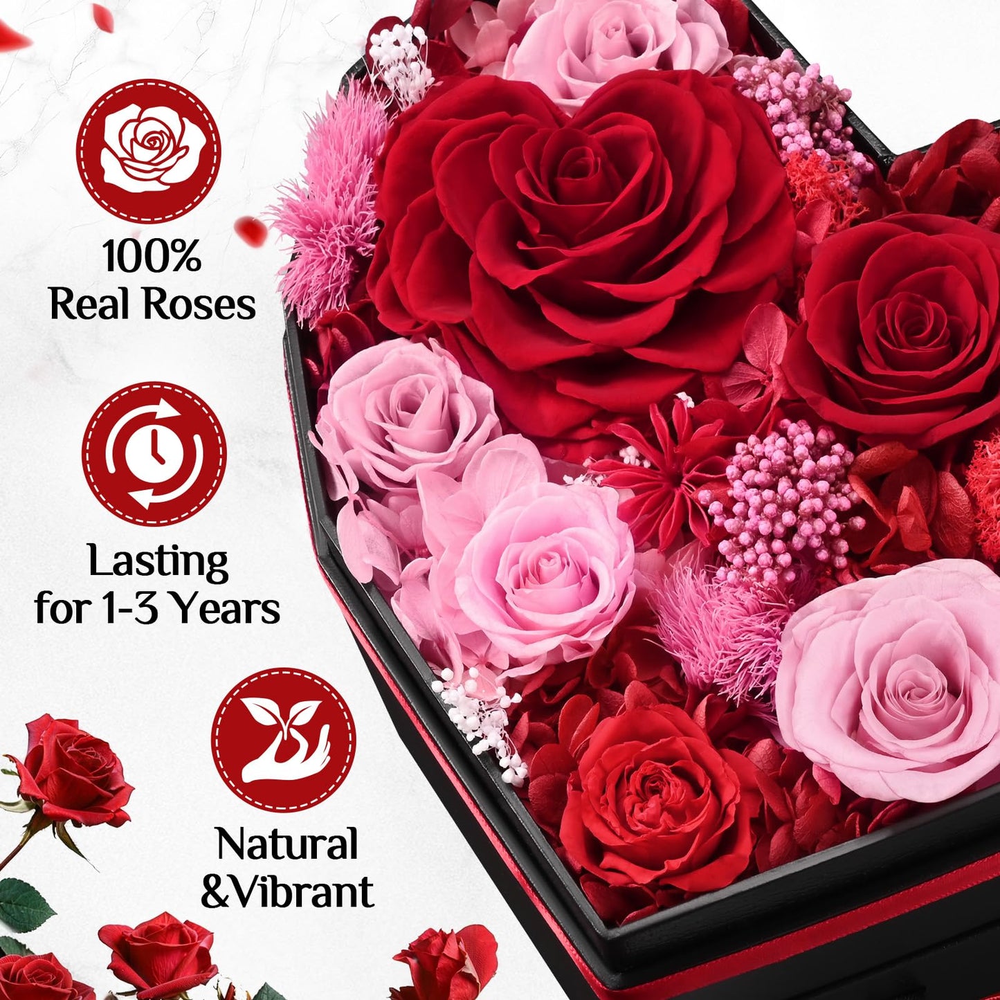 MARTINE MALL Forever Flowers for Delivery, Birthday Gifts for Women Mom 10 Preserved Real Roses in a Box Gift for Girlfriend Wife Grandma Lasting Eternal Flowers with Necklace, Red
