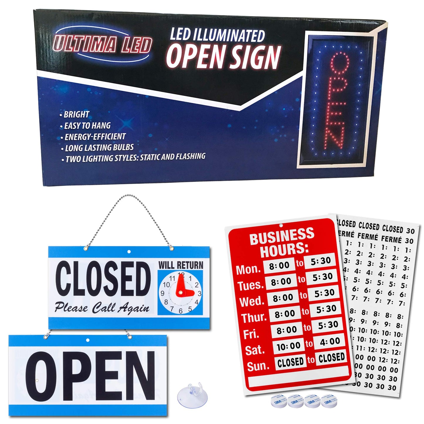 Ultima LED Neon Open Sign for Business: Vertical LED Sign with Flashing Mode for Stores - Includes Business Hours and Open & Closed Signs
