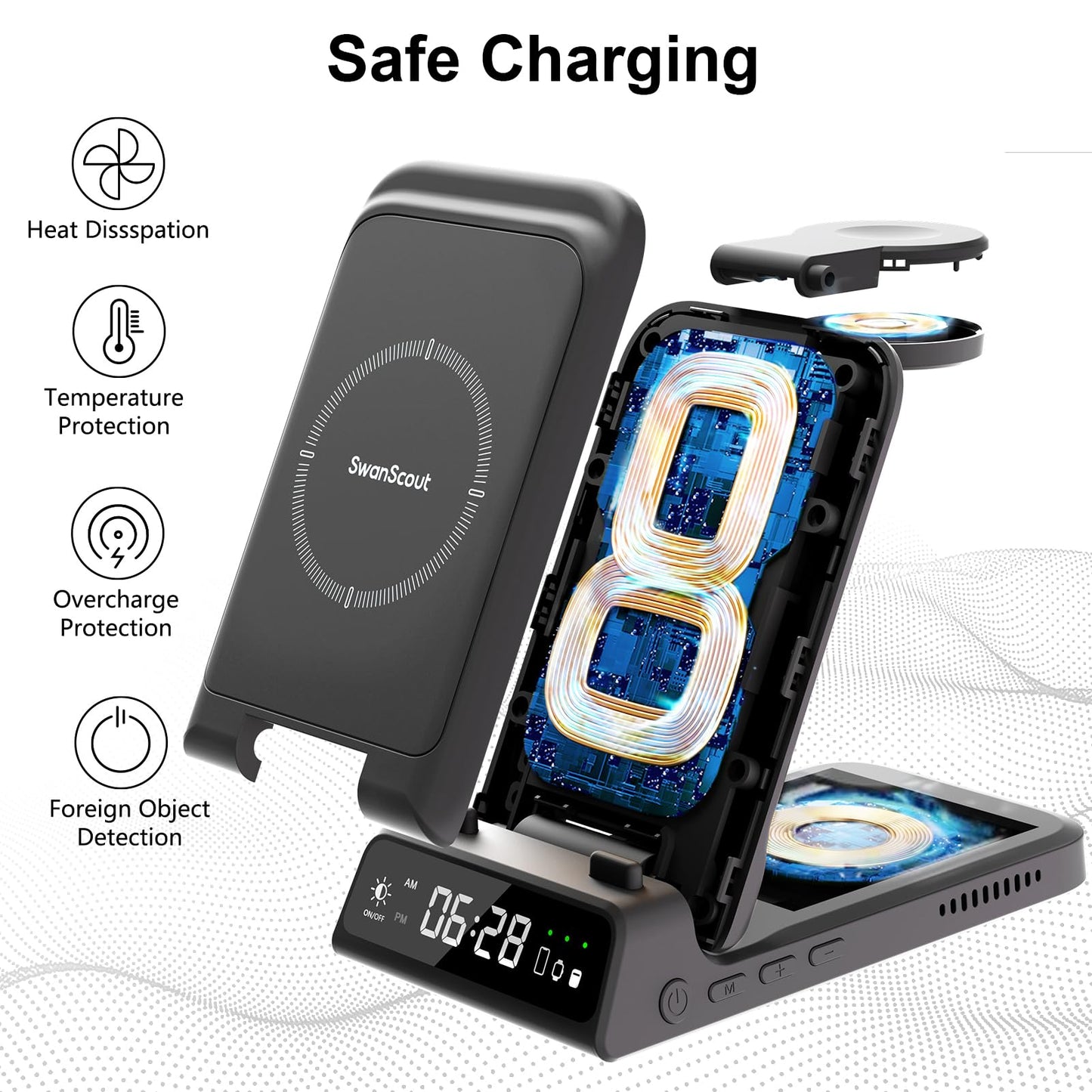 Charging Station for iPhone, SwanScout 703A, Wireless Charger for iPhone 16/15/14/13/12/11 Series, for Apple Watch 10/Ultra 2/9/8/7/6/5/SE, for Airpods Pro 2, Travel Foldable and Portable