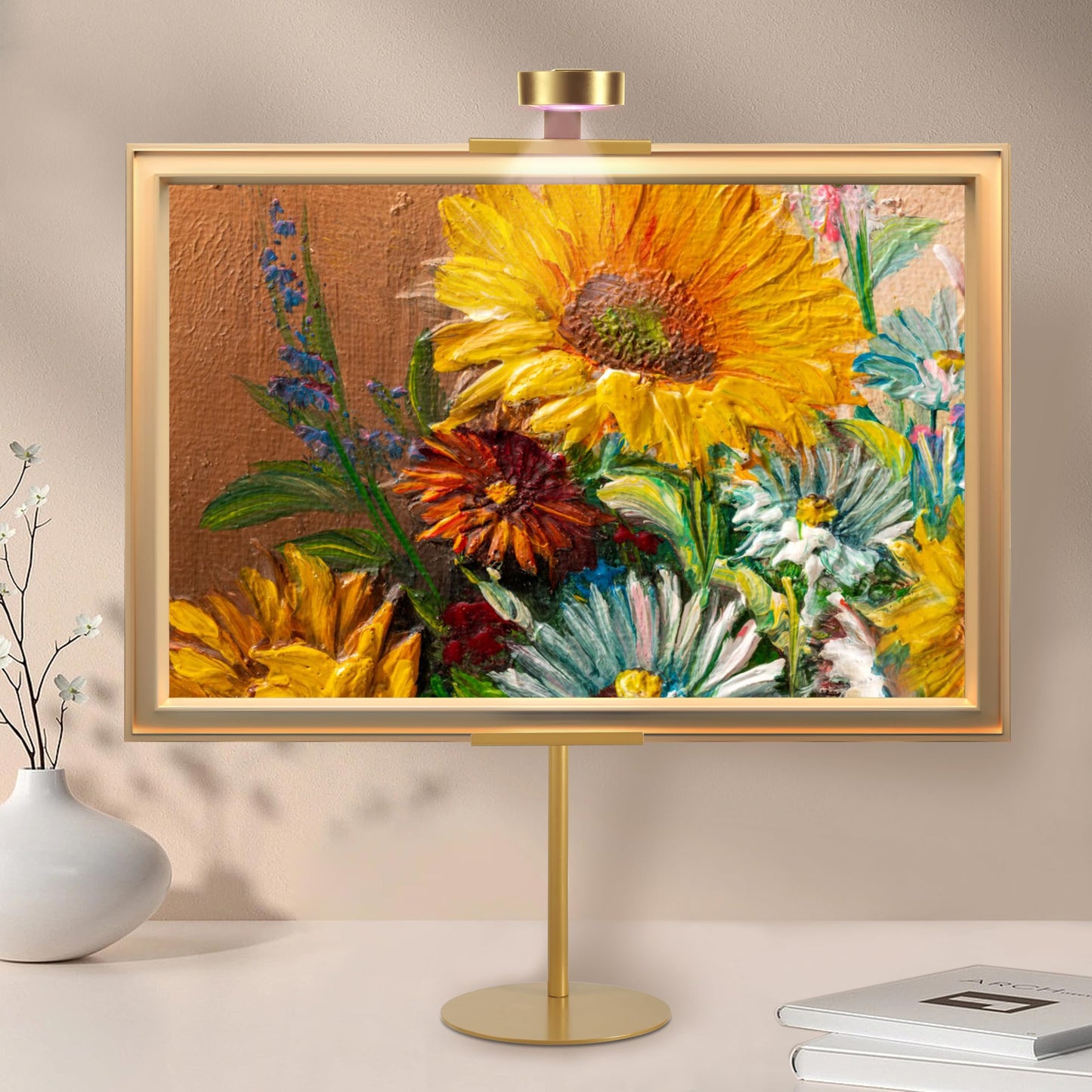 NKJIH Adjustable Desktop Photo Frame Stand with Magnetic Wall Painting Light, Holds Picture Frames up to 30 Inch,with Rechargeable Battery,Metal Vertical Stand with 3 Color Temperature & 13RGB Poster Lights, for Displaying Picture Frames, Artworks (1 Pack