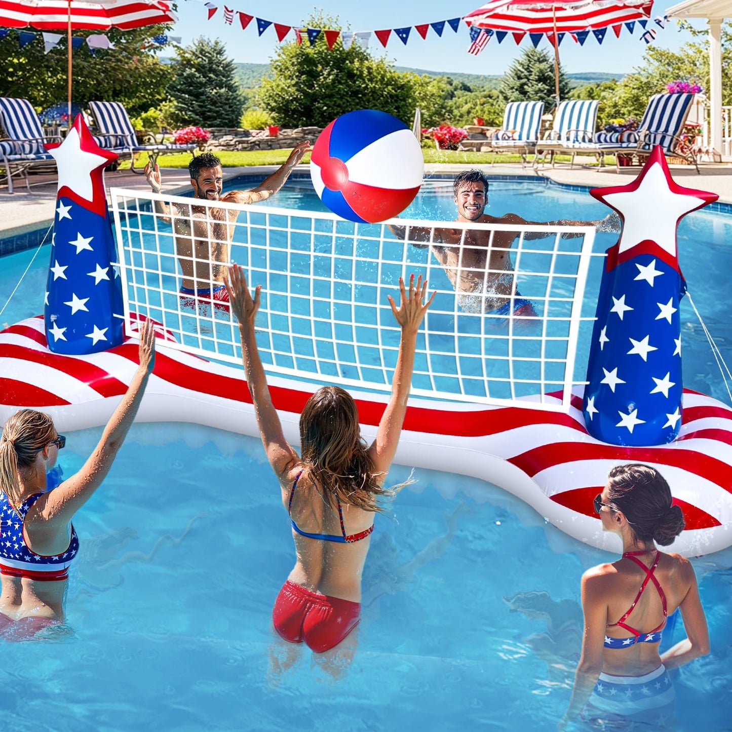 Large Inflatable Pool Games Volleyball Net Pool Float Set with 9" Beach Ball, 2 Weight Bags & American Flag Design – Floating Swimming Game Toy for Adults & Kids, Perfect for 4th of July Party Summer