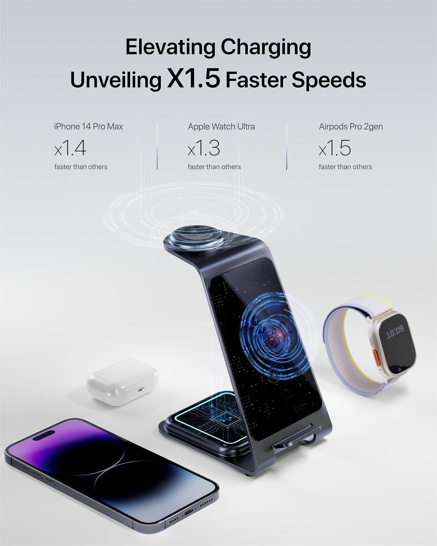Intoval 3-in-1 Wireless Charging Station for iPhone 16 Pro/16/16 Pro Max/15 Pro/15/15 Pro Max/14 Pro/14/14 Pro Max, for Apple Watch 10/Ultra 3/SE/9/8/7/6/5/4/3/2, for AirPods 4/Pro/Pro 2/3 (Y93, Grey)