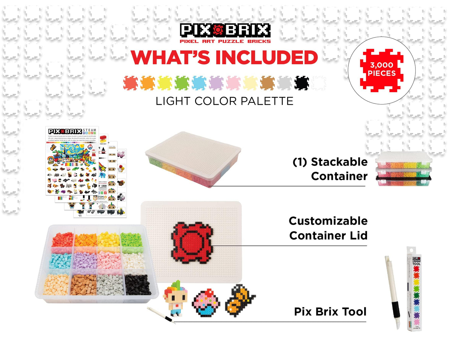 Pix Brix Pixel Art Puzzle Brick Set - 3,000 Piece Pixel Art Container, 12 Color Light Palette, Interlocking Building Bricks, Create 2D Builds and