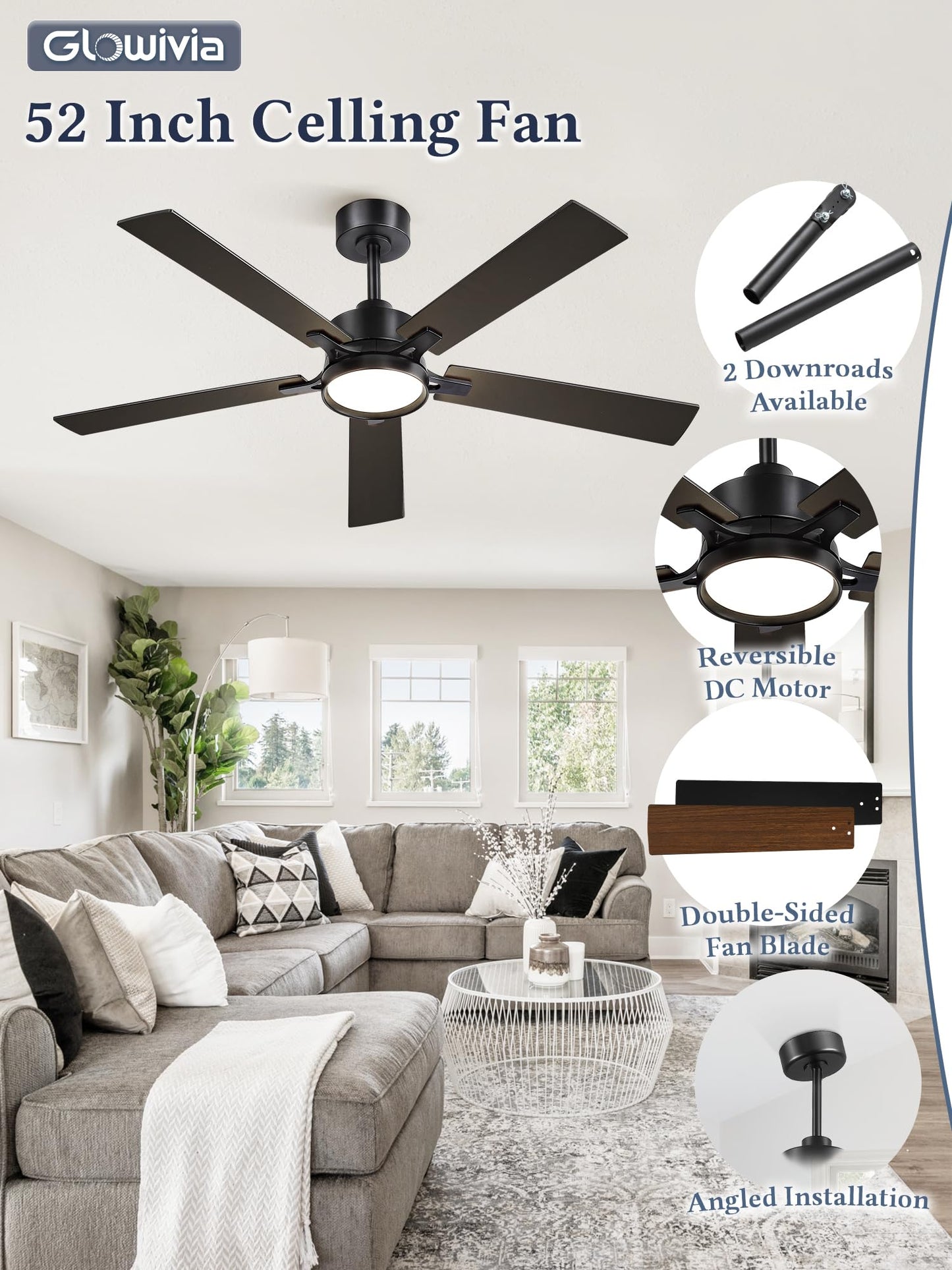 Glowivia 52 Inch Ceiling Fan with Lights and Remote, Smart APP Control, Dimmable with All-Setting Memory, Quiet DC Motor Reversible Blades, Damp Rated Modern Ceiling Fan for Bedroom Patio Living Room