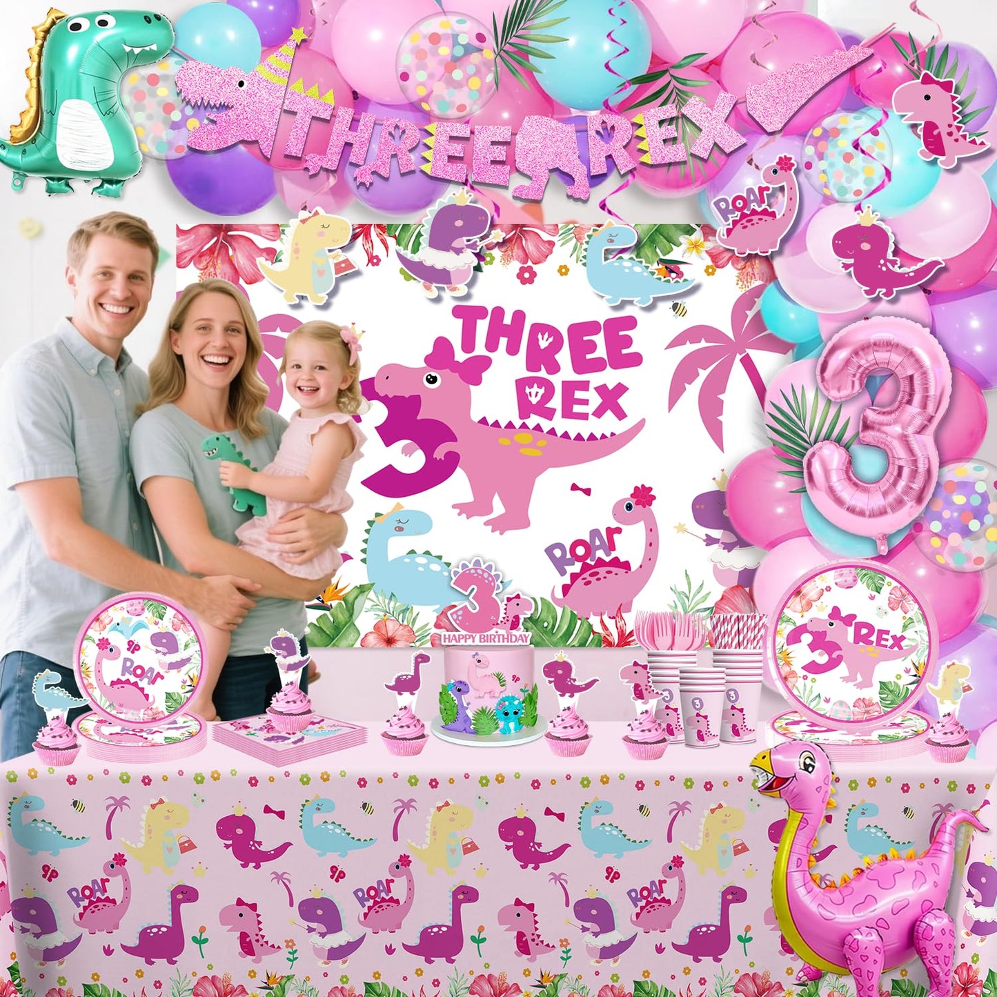 314Pcs Three Rex Birthday Decorations Serves 25 Guests, All-in-One Pink Dinosaur Birthday Decorations Includes Balloon Arch Kit, Banner, Plates, Balloons Box, Tablecloth, Cake Topper