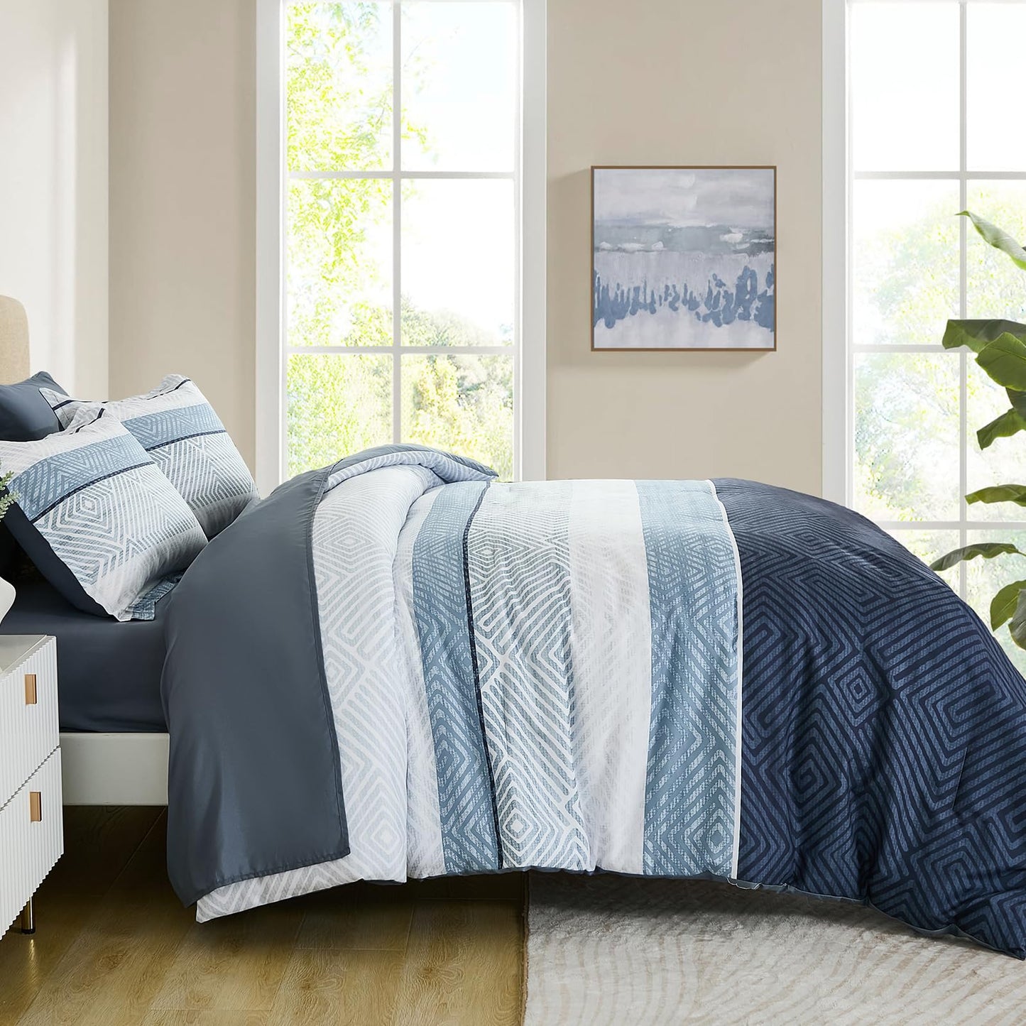 Drucon Comforter Set Queen Size 7 Piece Bed in a Bag Boho Blue Striped Bedding Set Soft Microfiber Comforter and Sheet Set for All Season (Queen, 90"x90")