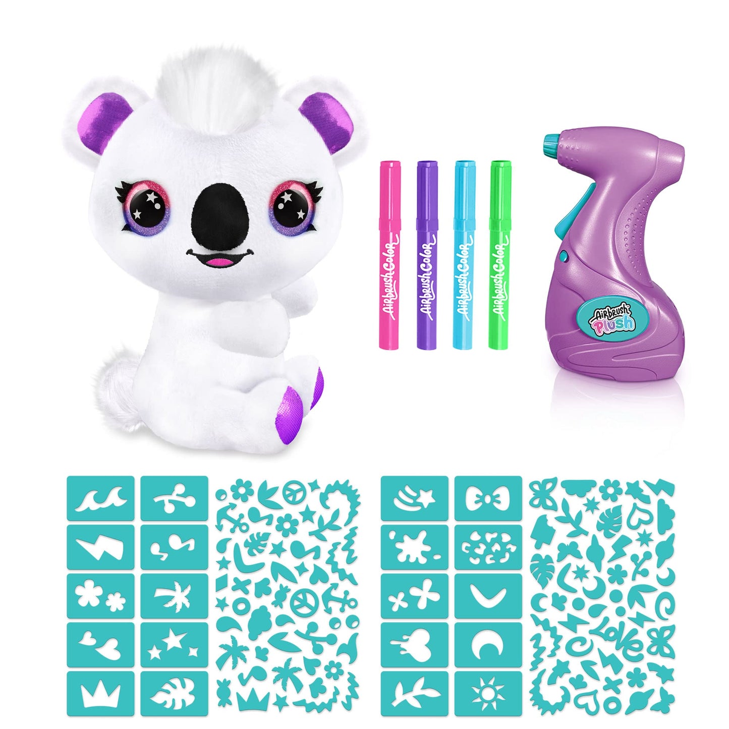 Canal Toys Personalize Airbrush Plush Large Koala! Decorate, wash, repeat! Customize your own spray art plush with markers, battery powered airbrush and 100+ stencils. Ages 6+