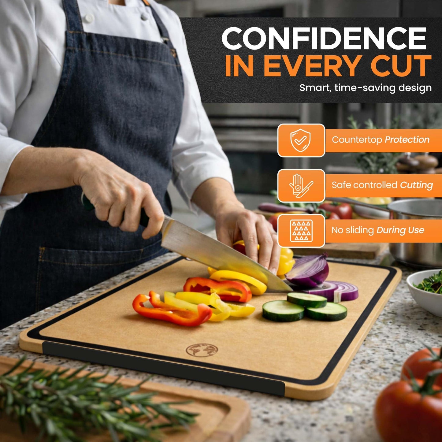 Earth's Dreams Composite Wood Cutting Board Set of 3 – Built In Juice Groove, Dishwasher Safe,Cutting Boards for Kitchen – Large, Medium & Small Non-Slip Wood Charcuterie & Chopping Boards (Tan/Black)