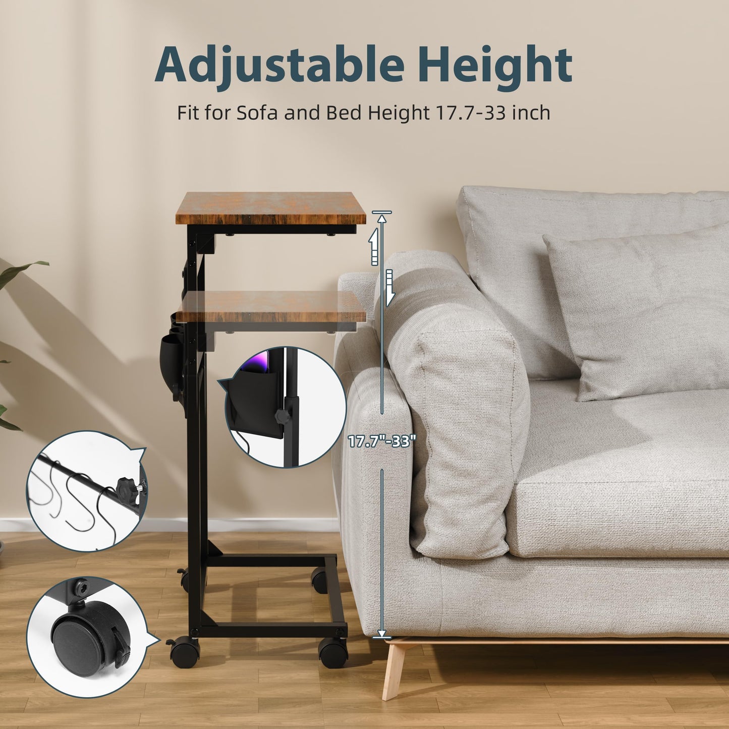 DENYKO Adjustable Height Couch Table with USB-C Charging Station & Pocket Storage – Compact Couch Stand with Hooks & Wheels for Small Spaces & Living Room, Adjustable C Table (Rustic Brown)