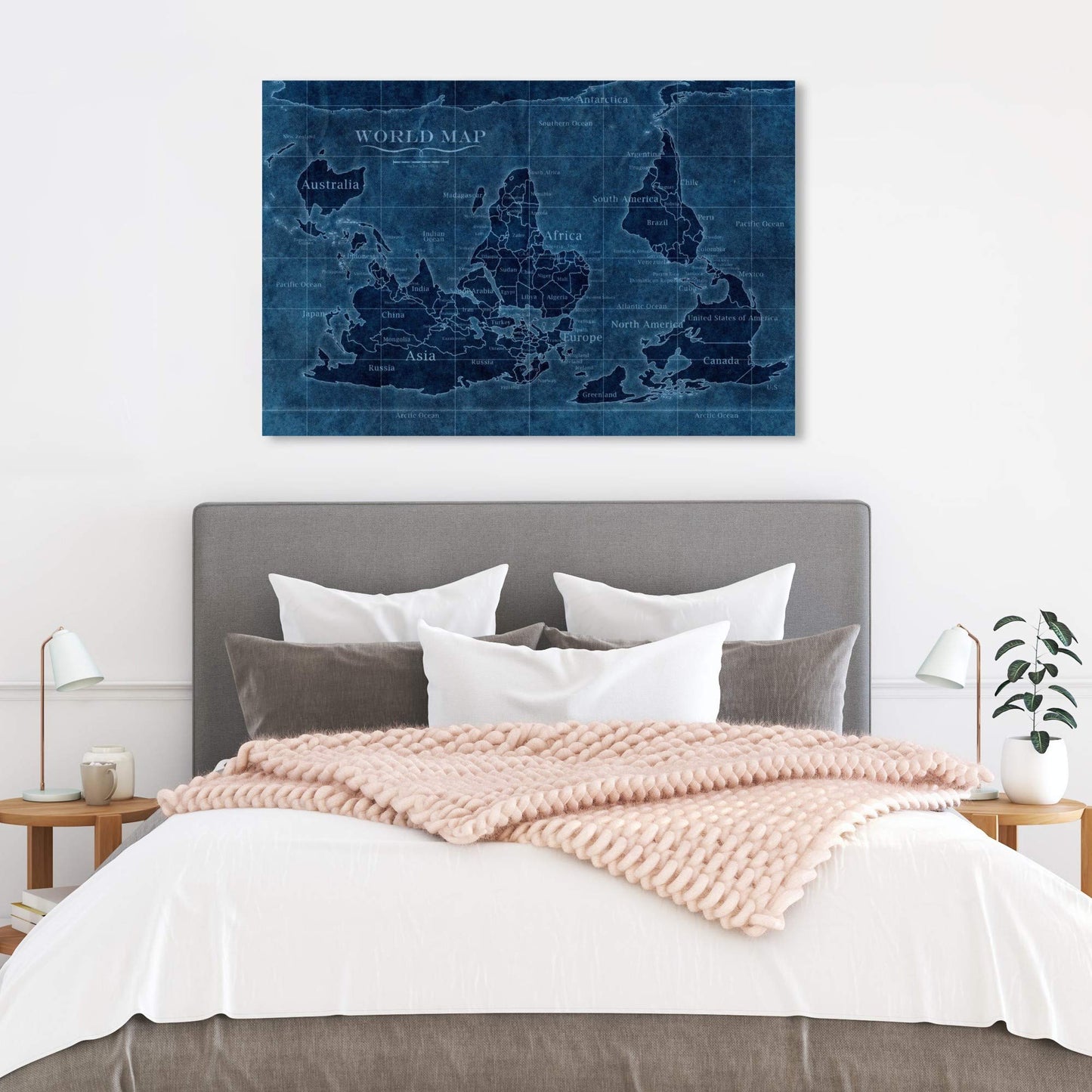 Wynwood Studio Flags Wall Art Canvas Prints 'Upside-Down Map of The World' Home Décor, 36" x 24", Blue, Blue