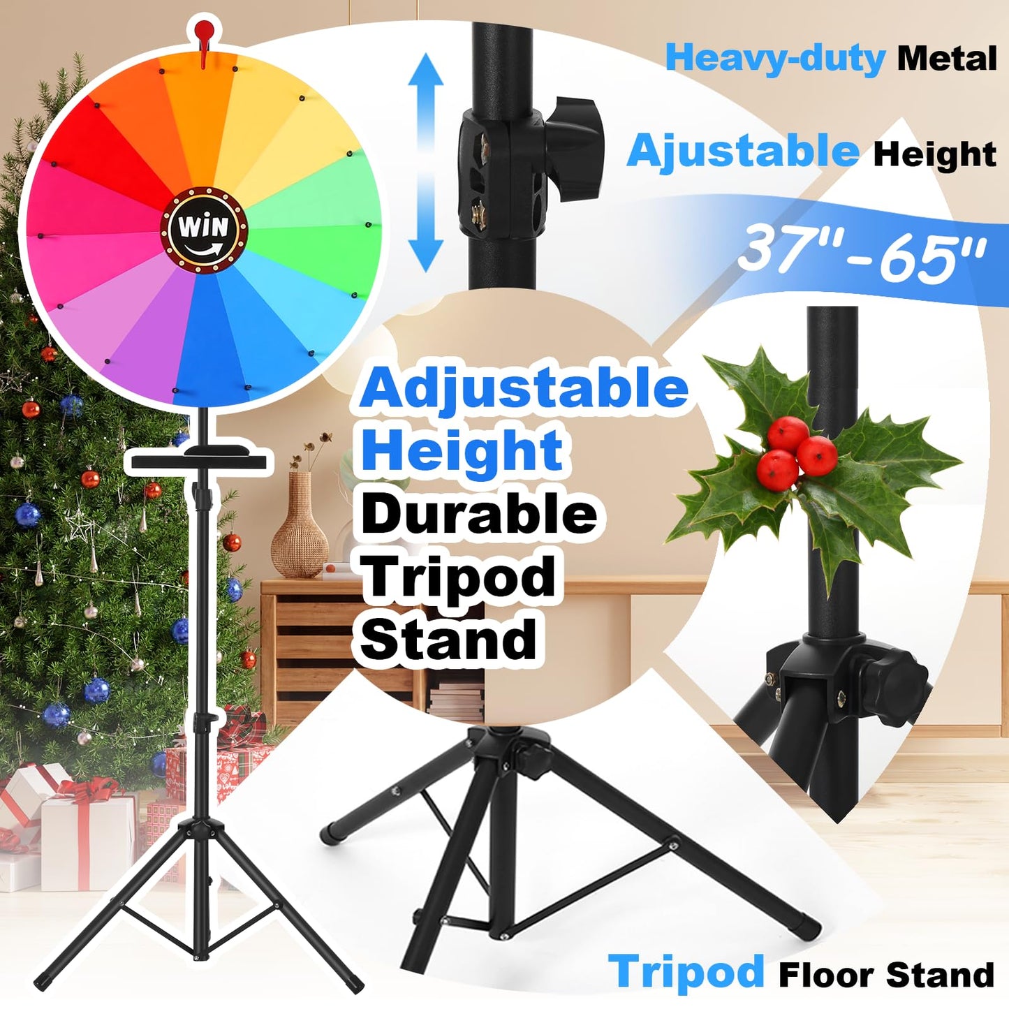 AugFir 24-inch Spinning Prize Wheel, Ajustable 37"-65" Height Spinning Wheel, Storable Prize Wheel Spinner with Stand, Wheel of Fortune, Spin Wheel for Prizes, 14 Slots
