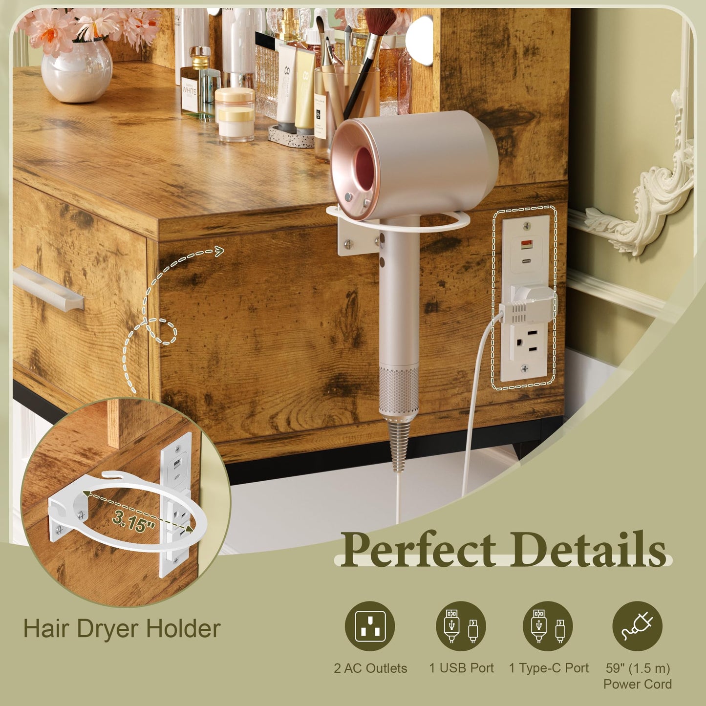YESHOMY Vanity Desk with Mirror, Makeup Table with 2 Large Drawers, Power Outlet and Round Holder, 3 Color Modes Adjustable Bulb, Rustic Brown & Black