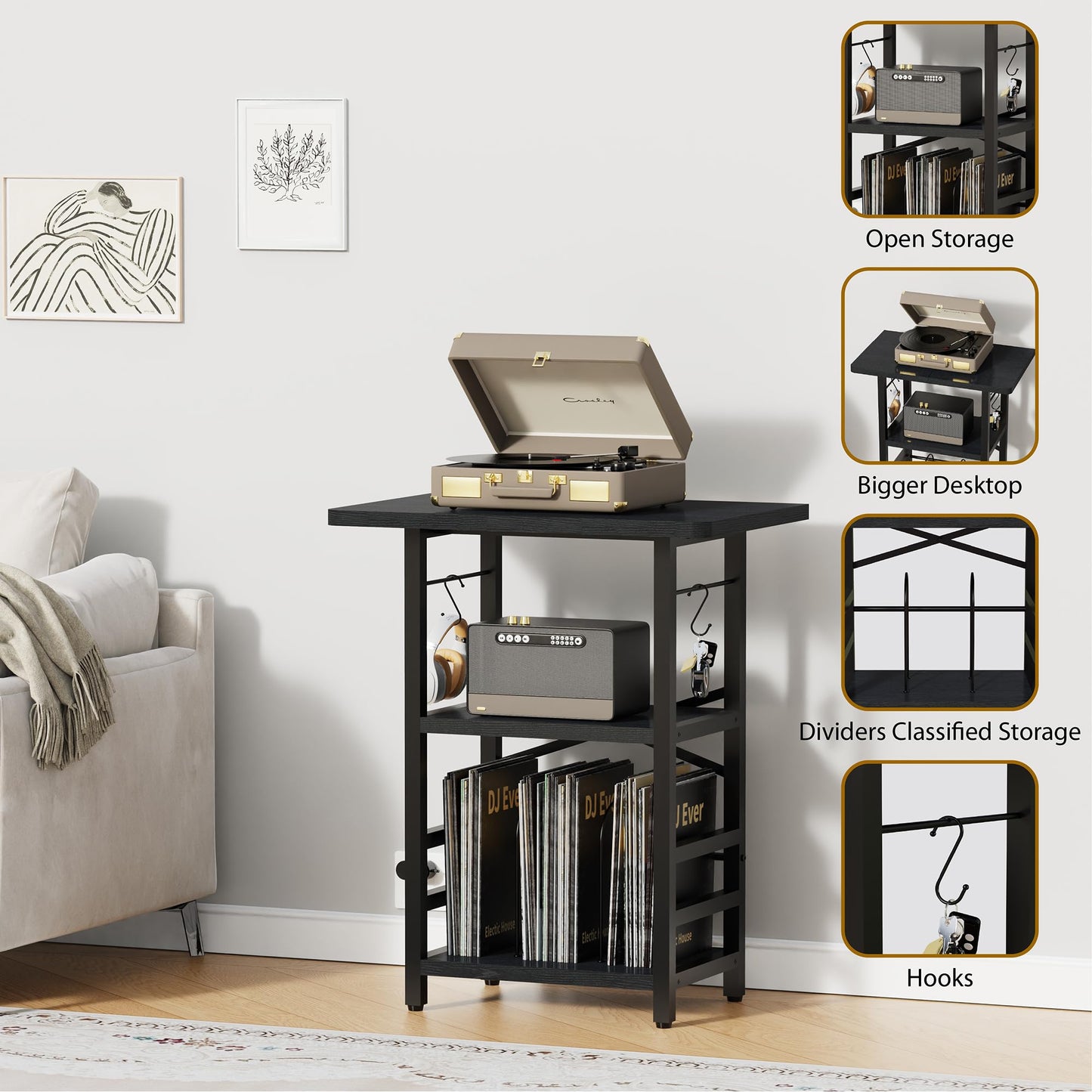 YAKANJ Record Player Stand with Extended Desktop,Large Record Player Table with Vinyl Storage,Turntable Stand with Record Holder Vinyls Display Shelf for Music Room Studio,Modern Black