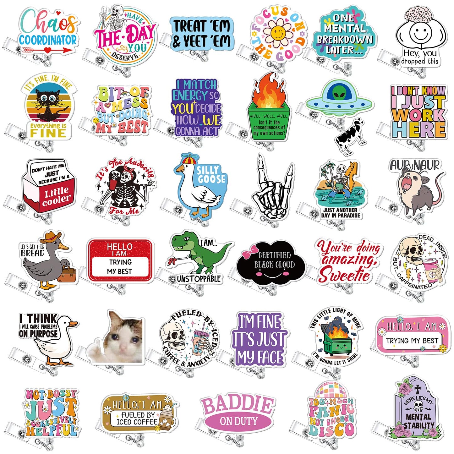 Geyoga 36 Pcs Funny Badge Reel Cute Nurse Badge Reel Retractable Nurse Quote Name ID Clip Cute Nursing for Doctor Teacher Employee Office Assistant Supplies Bulk Gifts(Funny)