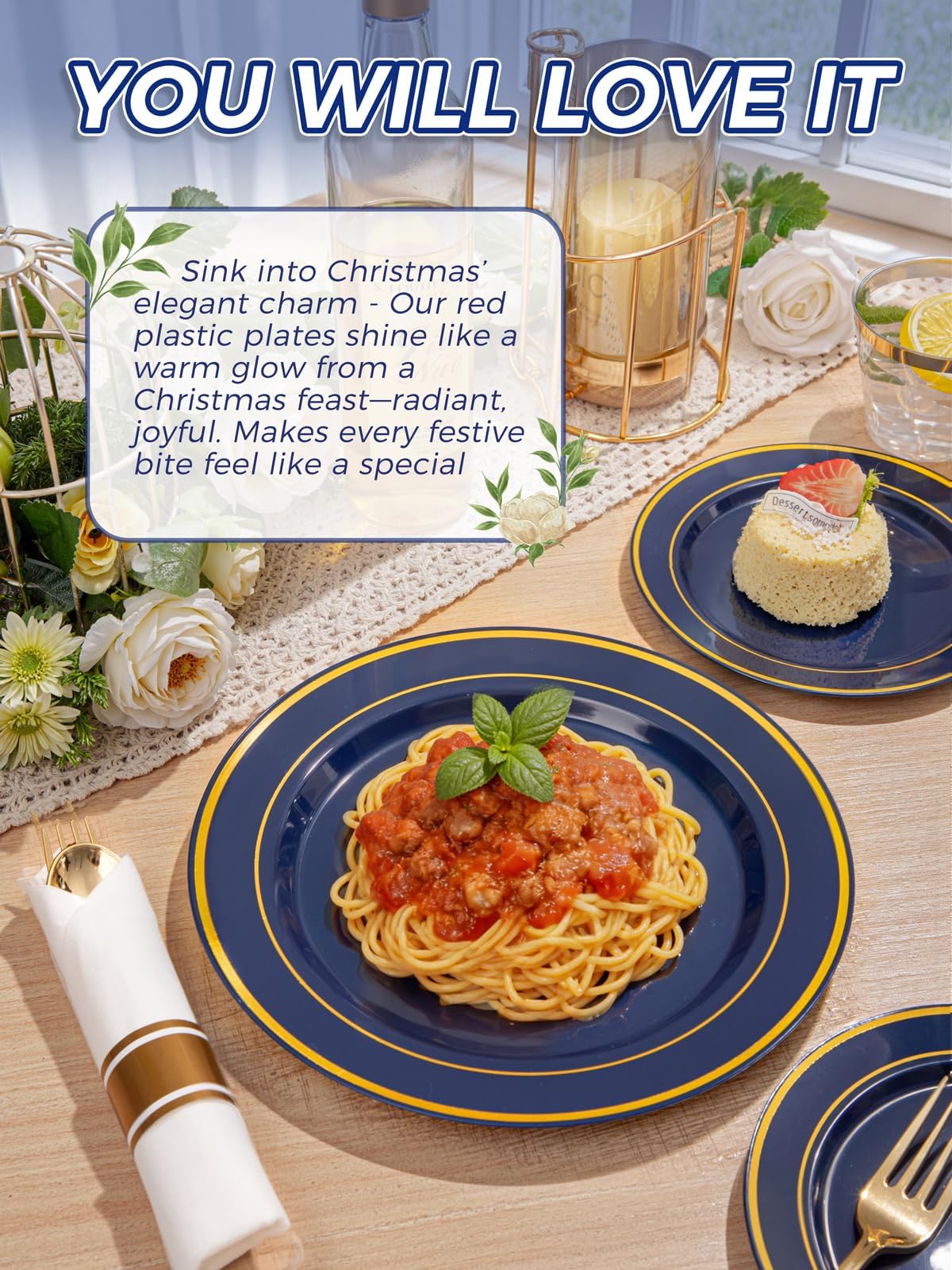 WDF Partyware 350PCS Navy Blue and Gold Plastic Plates with Rolled Napkins Include Dinner Plate 10’’, Dessert Plate 7’’, gold Cups 9 OZ, Pre Rolled Napkins for Birthday/Wedding/Party/Graduation