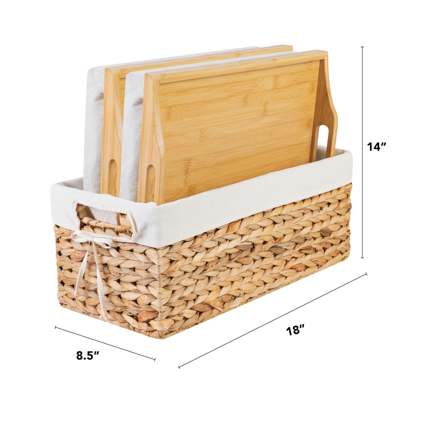 ROSSIE HOME Bamboo Wood Bed Tray, Lap Desk - Set of Two - with Hyacinth Storage Basket - Natural - Fits up to 15.6 Inch Laptops - Style No. 70107