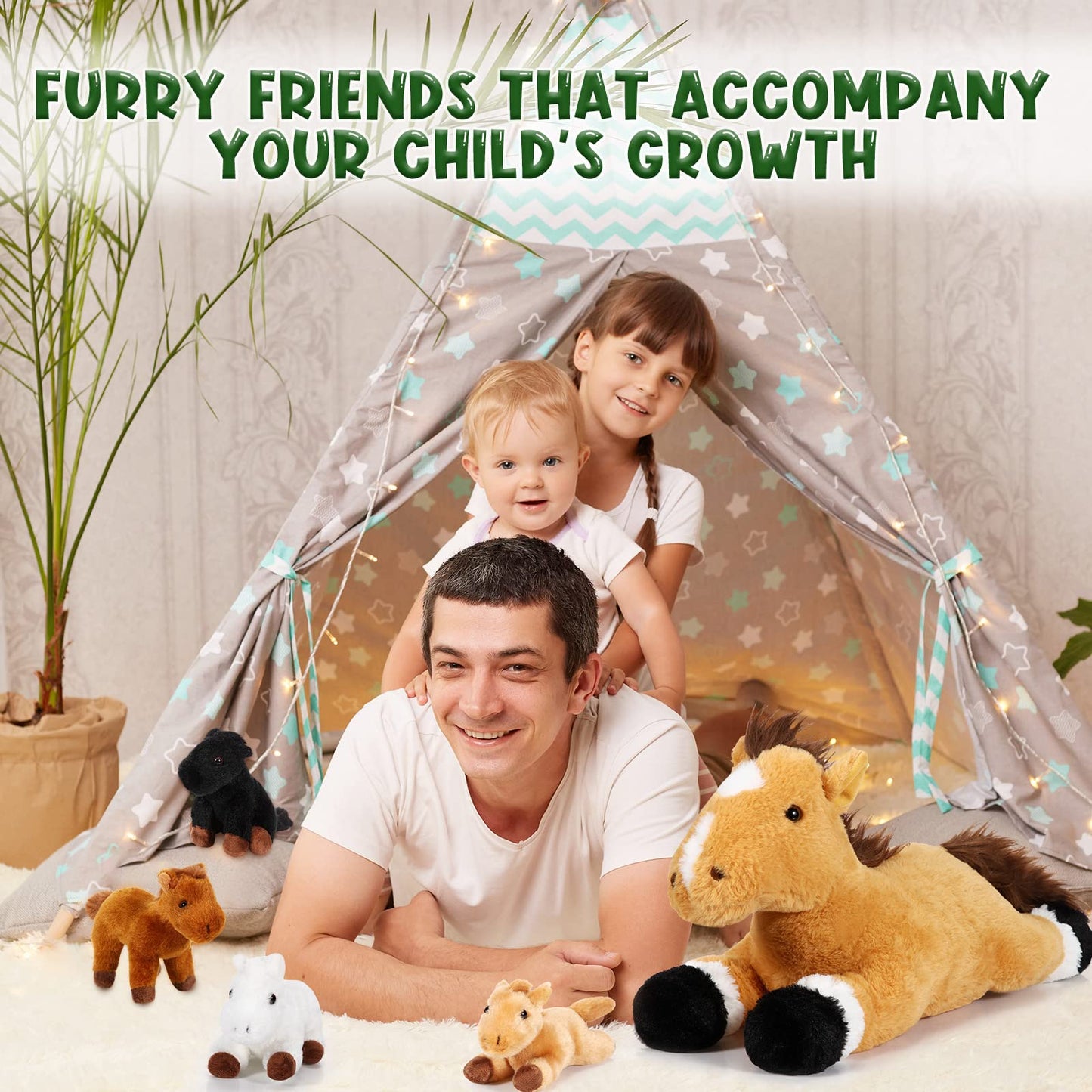 Lenwen 5 Pcs Horse Stuffed Animals Large Mommy Horse Plush with 4 Cute Babies in Zippered Belly Nurturing Plushie Toy Set for Birthday Gift Derby Party Favors(Cute)