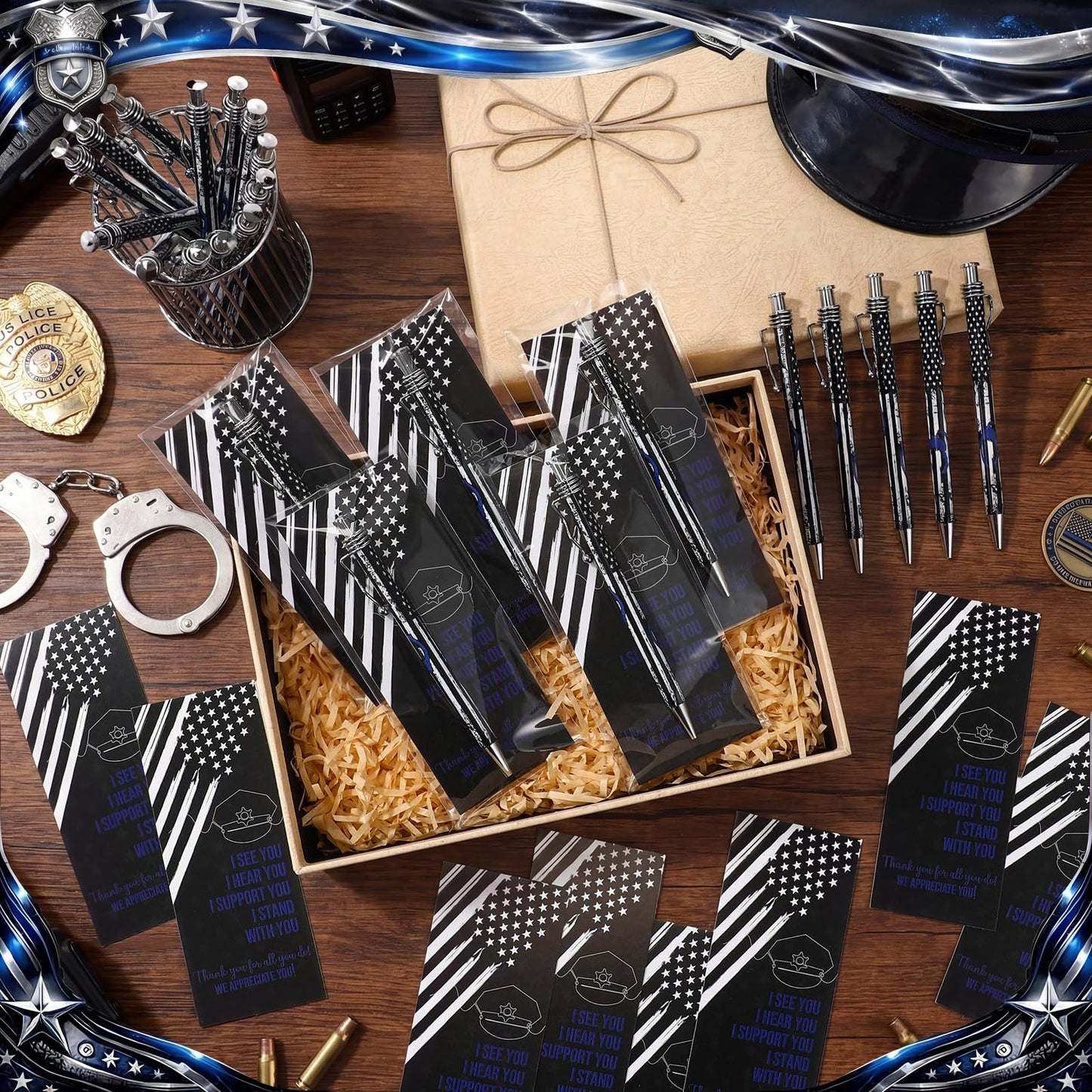 Tenceur 100 Sets Police Academy Graduation Gifts Writing Ballpoint Pen and Thank You Bookmark and Bags Police Officer Gifts Bulk for Women Men Policeman Officer Sheriff Law Enforcement