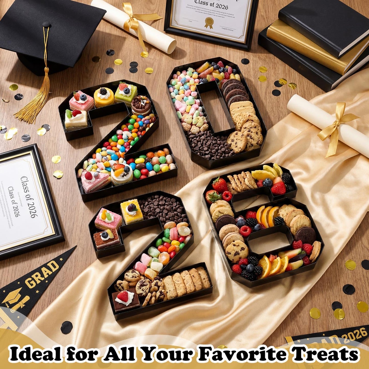 Mooliwe 4 Pcs 2026 Graduation Fillable Numbers for Charcuterie Class of 2026 Cardboard Number Grad Charcuterie Board Serving Trays Graduation Food Box for Tray Party Supplies(Black)