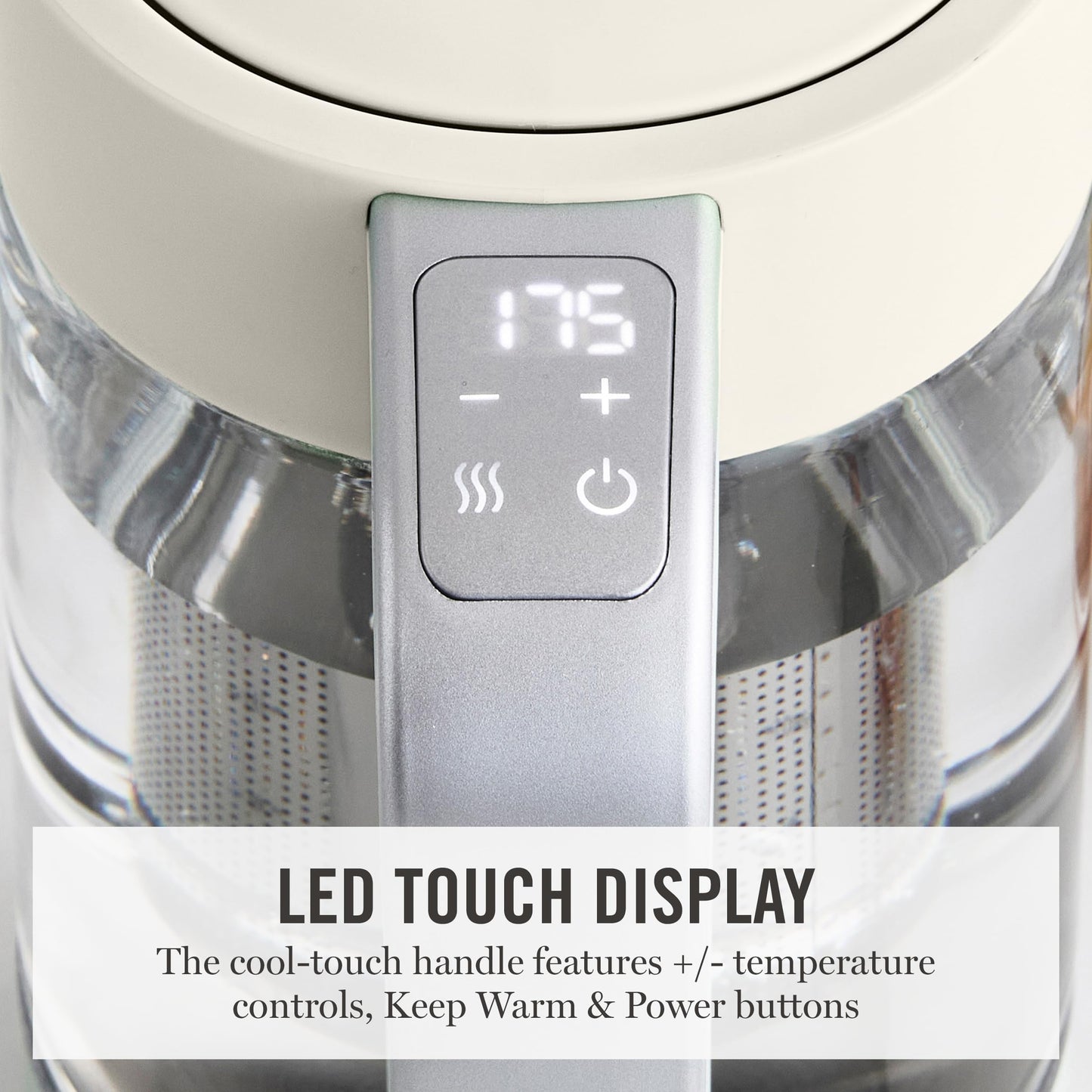 Martha Stewart Electric Kettle with Removable Stainless Steel Tea Infuser, Glass Carafe 1.7L (7 Cups), Hot Water Boiler, 4 Presets, Keep Warm & Auto Shut-Off, Cordless 360° Swivel Base, Linen Cream