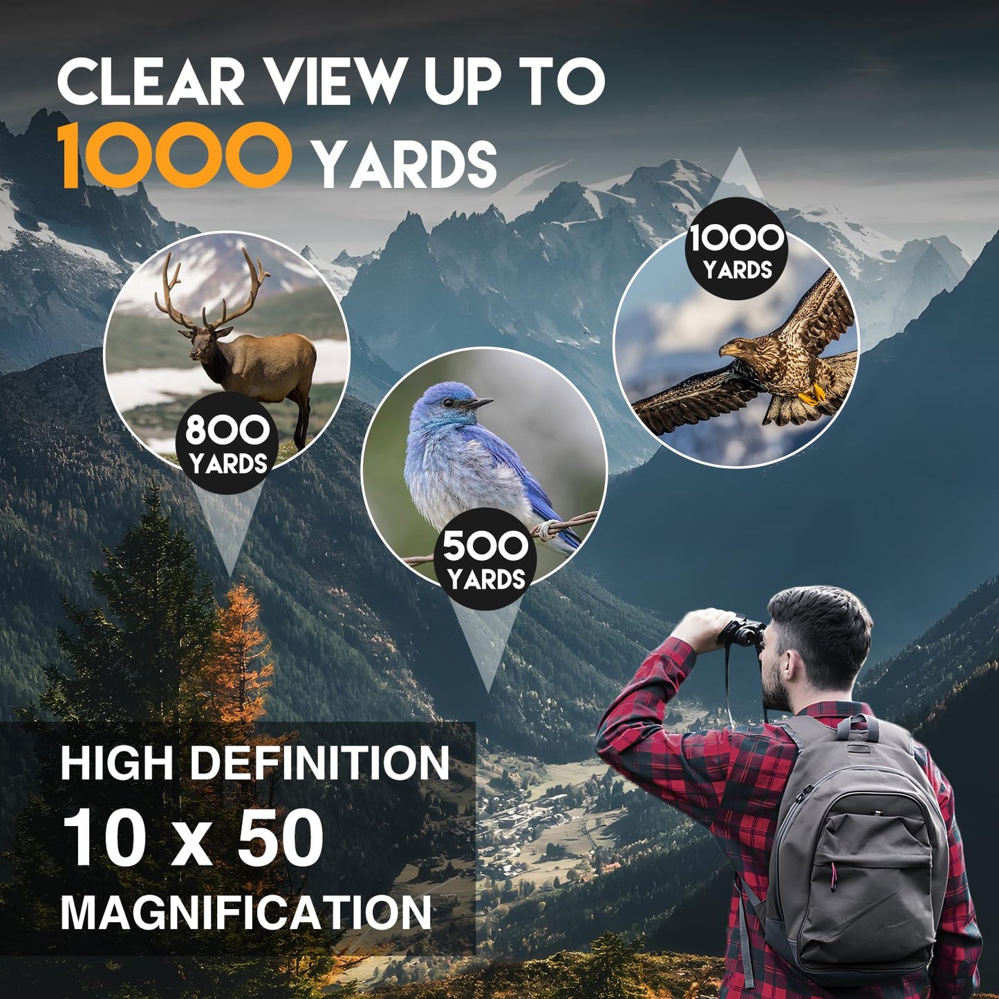 10x50 HD Binoculars for Adults High Powered, Waterproof & Compact Binoculars for Bird Watching, Hunting, Travel–Low Light Vision, Non-Slip Grip, Durable Optics