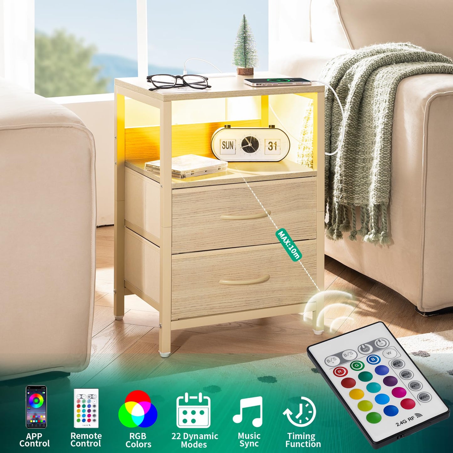 Yoobure Nightstand with Charging Station, LED Night Stand with Fabric Drawers and Storage Shelf for Bedroom, Nightstands Bedside Tables with USB Ports & Outlets, Small Night Stands, Bed Side Table
