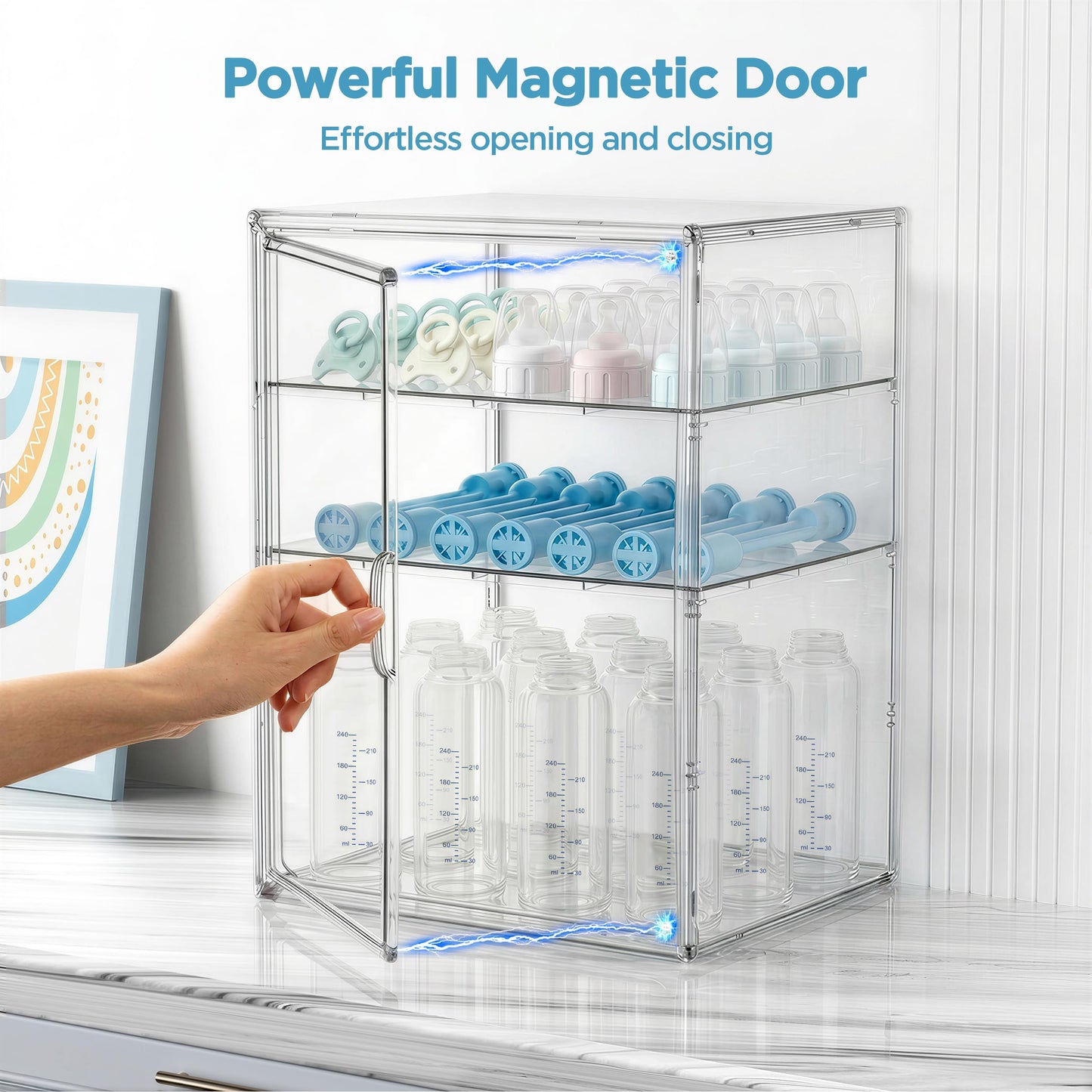 HBlife Baby Bottle Storage Organizer for Countertop Cabinet, 3 Tiers Adjustable Clear Acrylic Bottles Storage Station Case Box Container with 2 Removable Dividers and Magnetic Door, X-Large