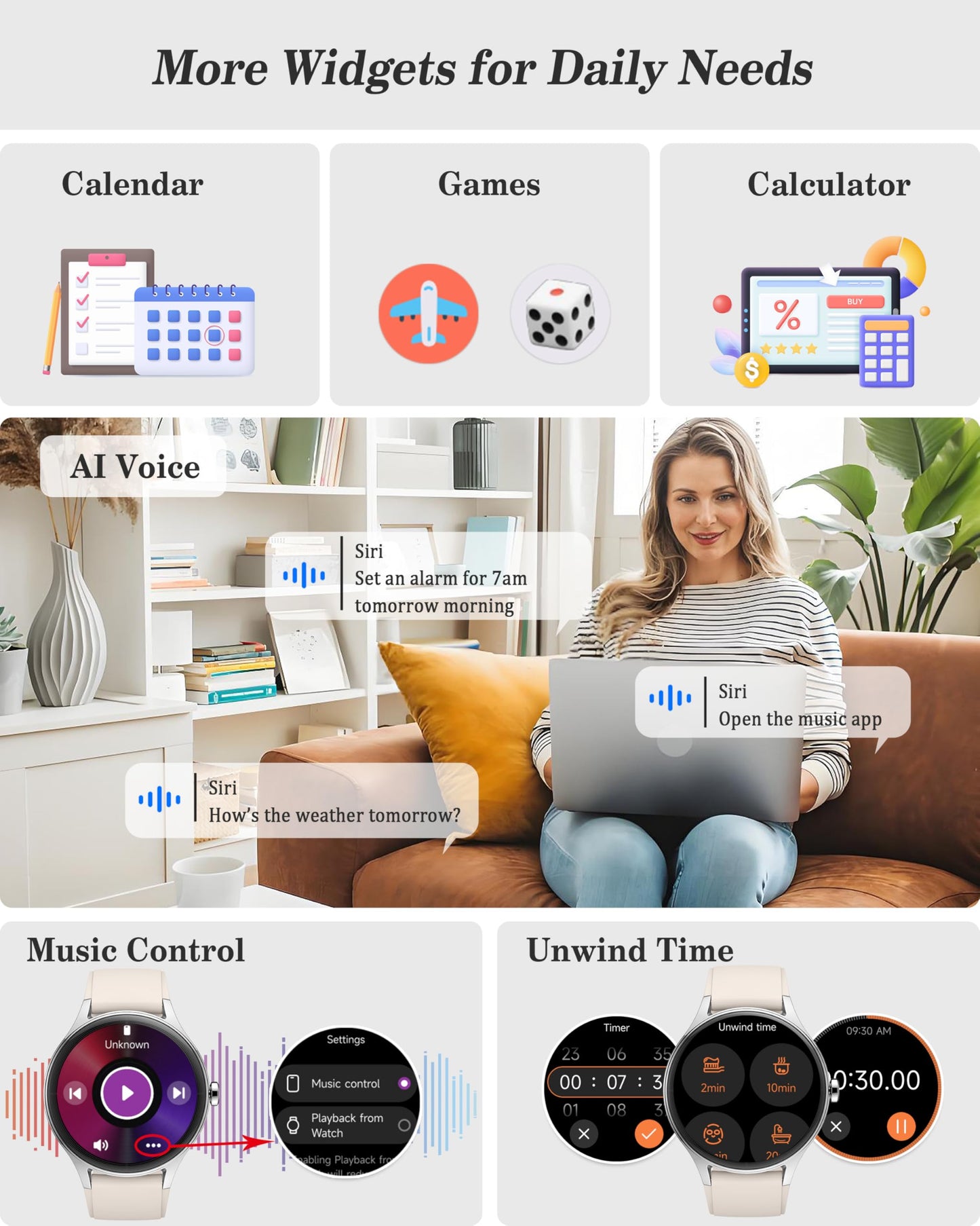 ZOSKVEE Smart Watch, 41mm Fitness Tracker, Answer/Make Calls, Digital Smartwatch with Heart Rate/Stress/Sleep Monitor, AI Voice, IP68 Waterproof Watch Calculator, Calendar, Games for Lady Women & Men