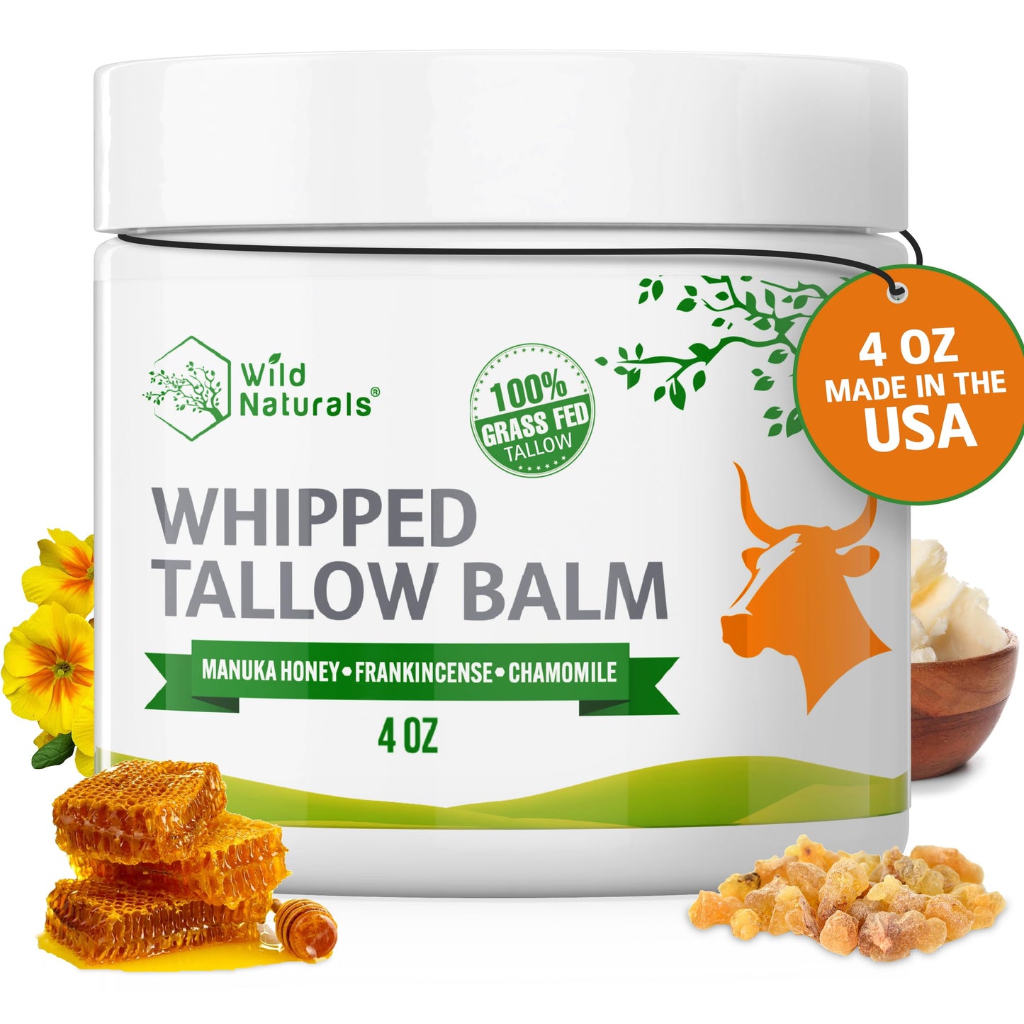 Wild Naturals Whipped Tallow Balm, 100% Grass Fed Beef Tallow and Honey Balm for Face and Body, Unscented Face Moisturizer, Anti-Aging and Dry Skin Relief, Non-Greasy, All-Natural, 4oz