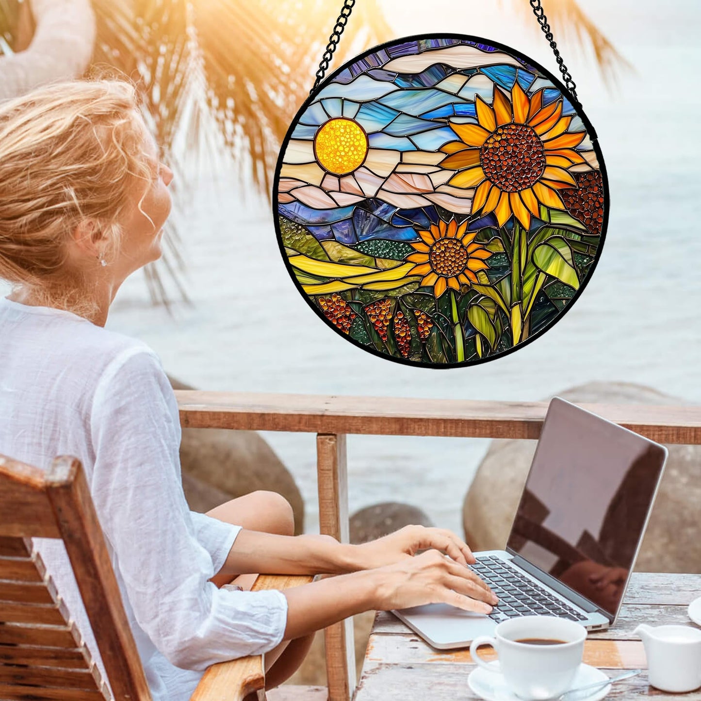 AMDERVEN Stained Glass Suncatcher, Sunflower Flowers Landscape Sun Catcher Plant Mountains Stain Glass Window Hanging Decoration Mother's Day Birthday Gifts for Women Men Mom Nana 7.8 in