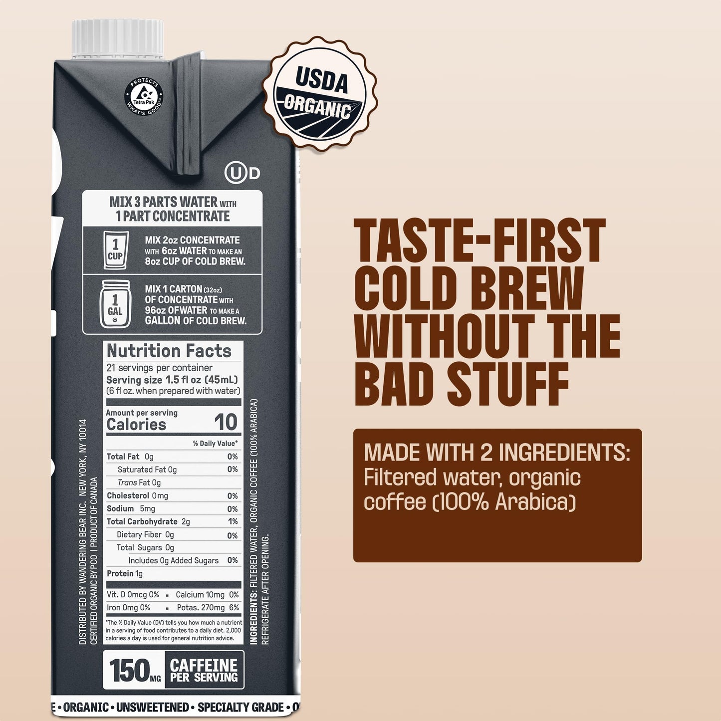 Wandering Bear Organic Unsweetened Extra Strong Cold Brew in a Box - Make Your Own Iced Coffee Drink with Wandering Bear Black Concentrate, Shelf-Stable & Vegan - 21 Servings - 32 fl.oz