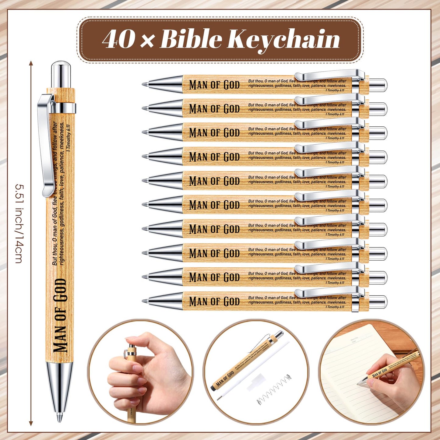 Chiisong 40 Sets Christian Gifts Bulk for Fathers Day Church Man of God Keychain Bible Verse Pen with Scripture Cards for Godfather (Rotundity)