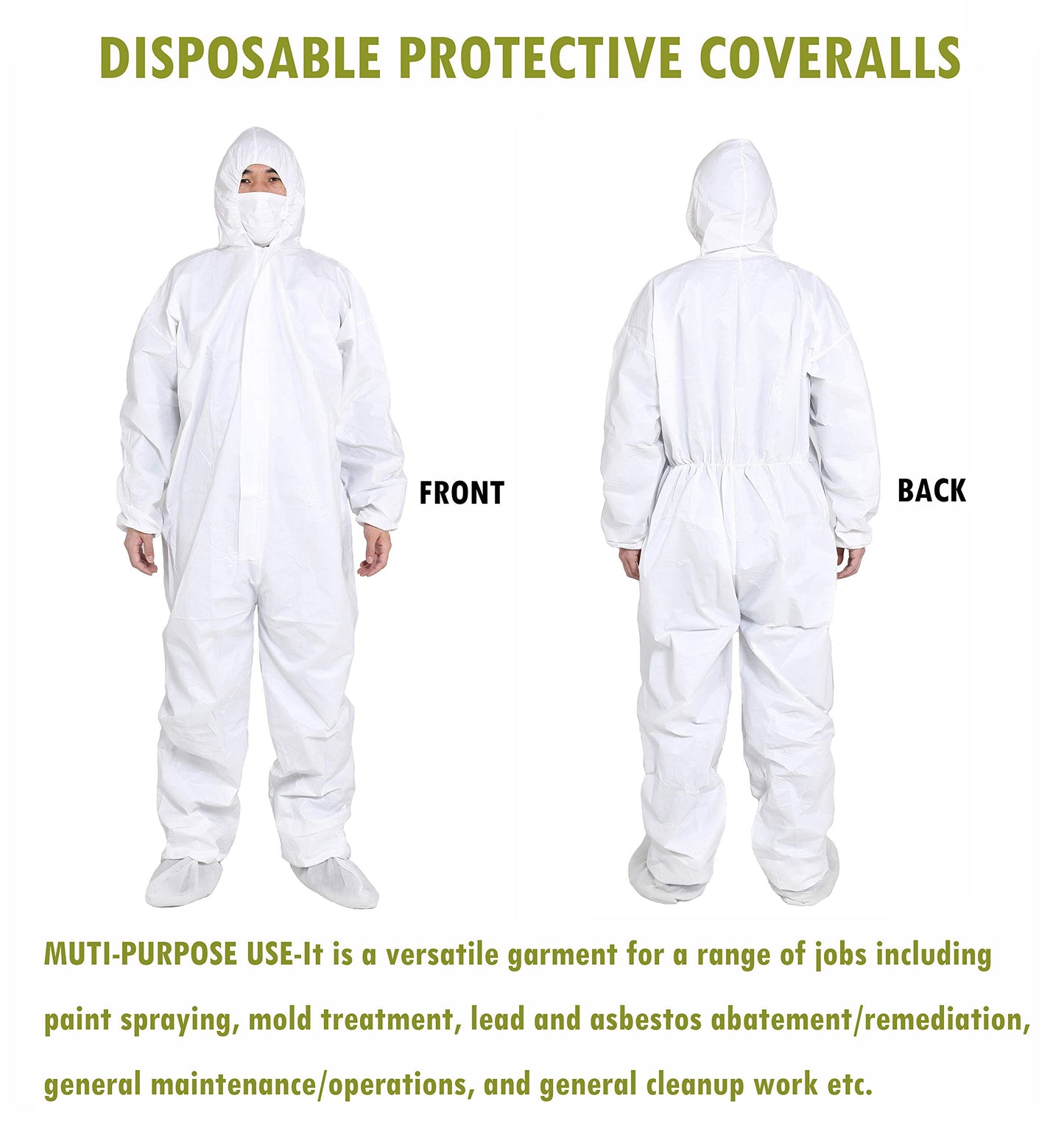 SYINE Pack of 5 XL Disposable Protective Coverall with Hood, Elastic Cuff for Spray Painting Cleaning Work,Breathable & Durable
