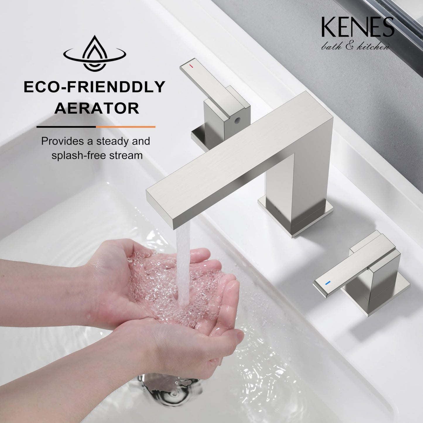 KENES Brushed Nickel Widespread Bathroom Faucet 2 Handle Bathroom Sink Faucet 3 Hole, 8-Inch 3 Pieces Bathroom Vanity Faucet with Pop Up Drain & Supply Lines, KE-9050-P