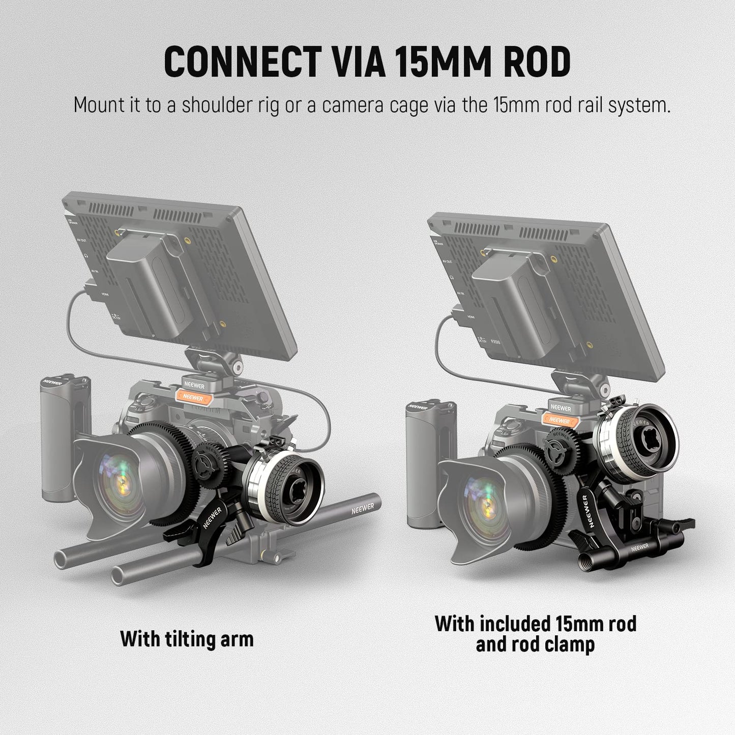 NEEWER Mini Follow Focus with A/B Stops, Lens Gear Ring, 15mm Rod & Rod Clamp for Cinema Camera, DSLR/Mirrorless Camera, Compatible with Lens Diameter Up to 114mm, PG001 (Silver)