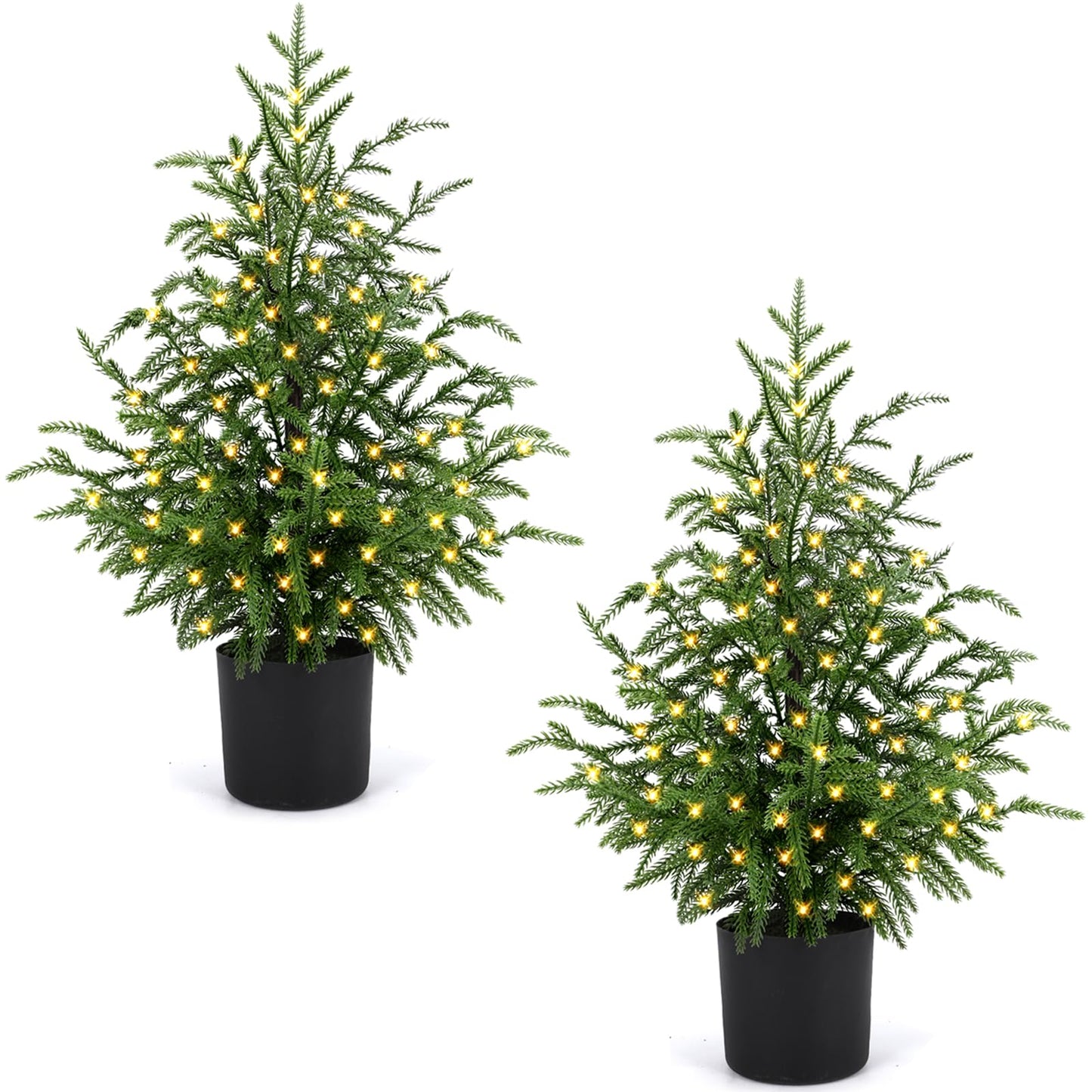 ENVEN 2FT Artificial Norfolk Pine Christmas Tree – Tabletop Faux Tree Unlit/Prelit with 50 LED Lights & 8-Function Battery Box, Pre-Assembled Holiday Decor for Home or Office (Prelit-2FT-2Pack)