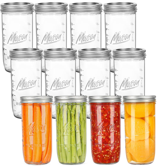 24 oz Wide Mouth Mason Jars - Canning Jars with Metal Airtight Lids and Bands, 24 ounce Mason Glass Jars for Fermenting, Pickling, Meal Prep, Overnight Oats, Jam, Jelly, DIY Projects (12 pack)