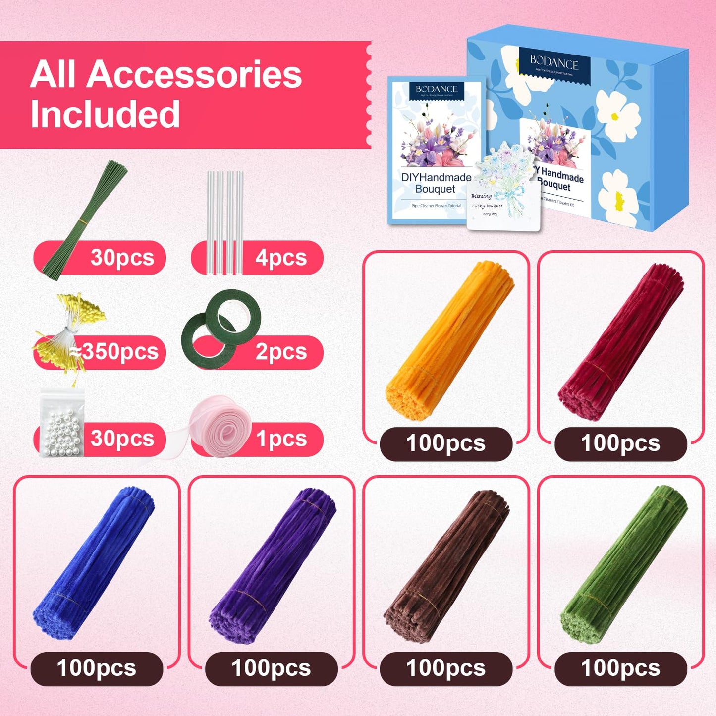 Pipe Cleaner Flower Kit, 600 PCS, 6 Deep Colors Chenille Stems