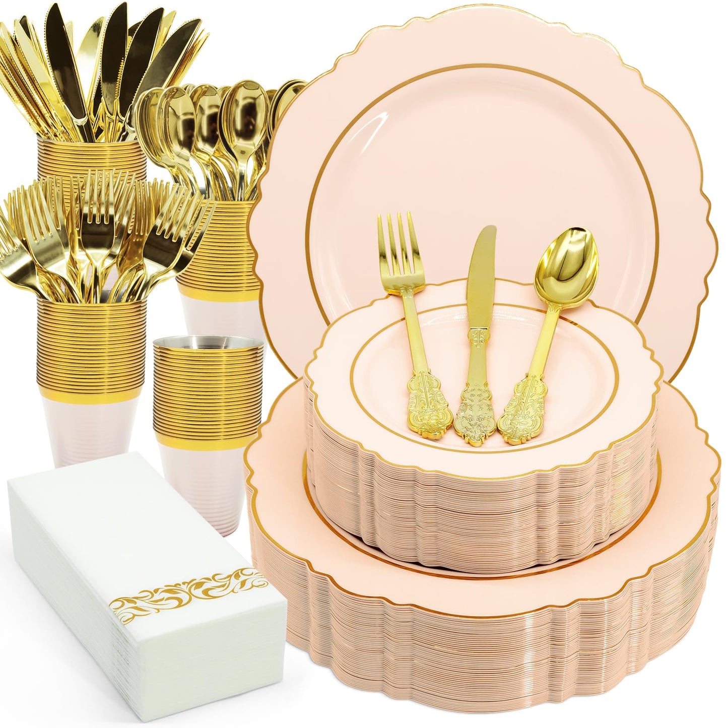 AIRE 175PCS Pink Gold Plastic Plates for Party, Dinnerware Sets for 25 Guests, Disposable Plastic Party Supplies Plates Cups Spoons Forks Knives Napkins for Wedding Birthday Baby Shower BBQ Parties