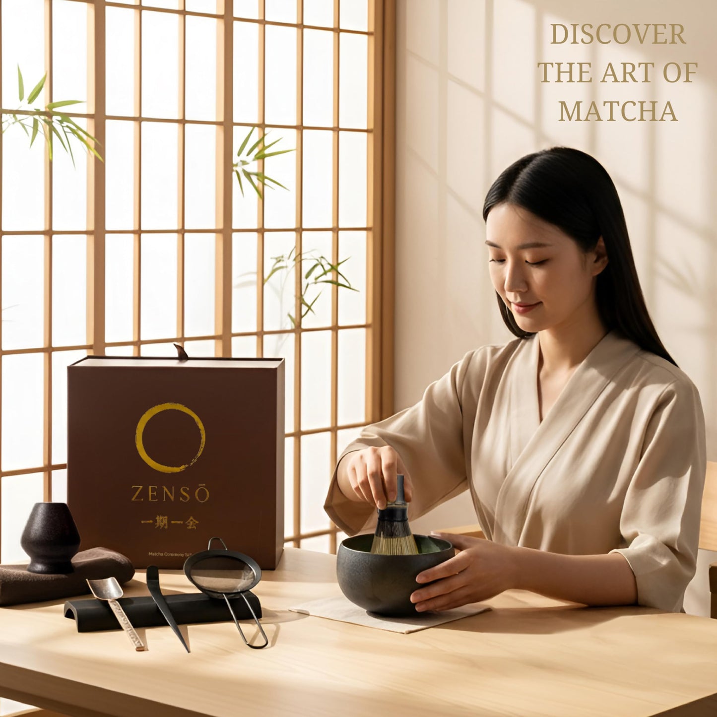 ZENSO Premium Matcha Whisk Set – 8 Piece Japanese Matcha Tea Ceremony Kit | Handmade Ceramics - Matcha Bowl, Purple Bamboo Whisk, Whisk Holder, Sifter, Scoop & Scoop Holder, Cloth, Spoon - Dark Gray