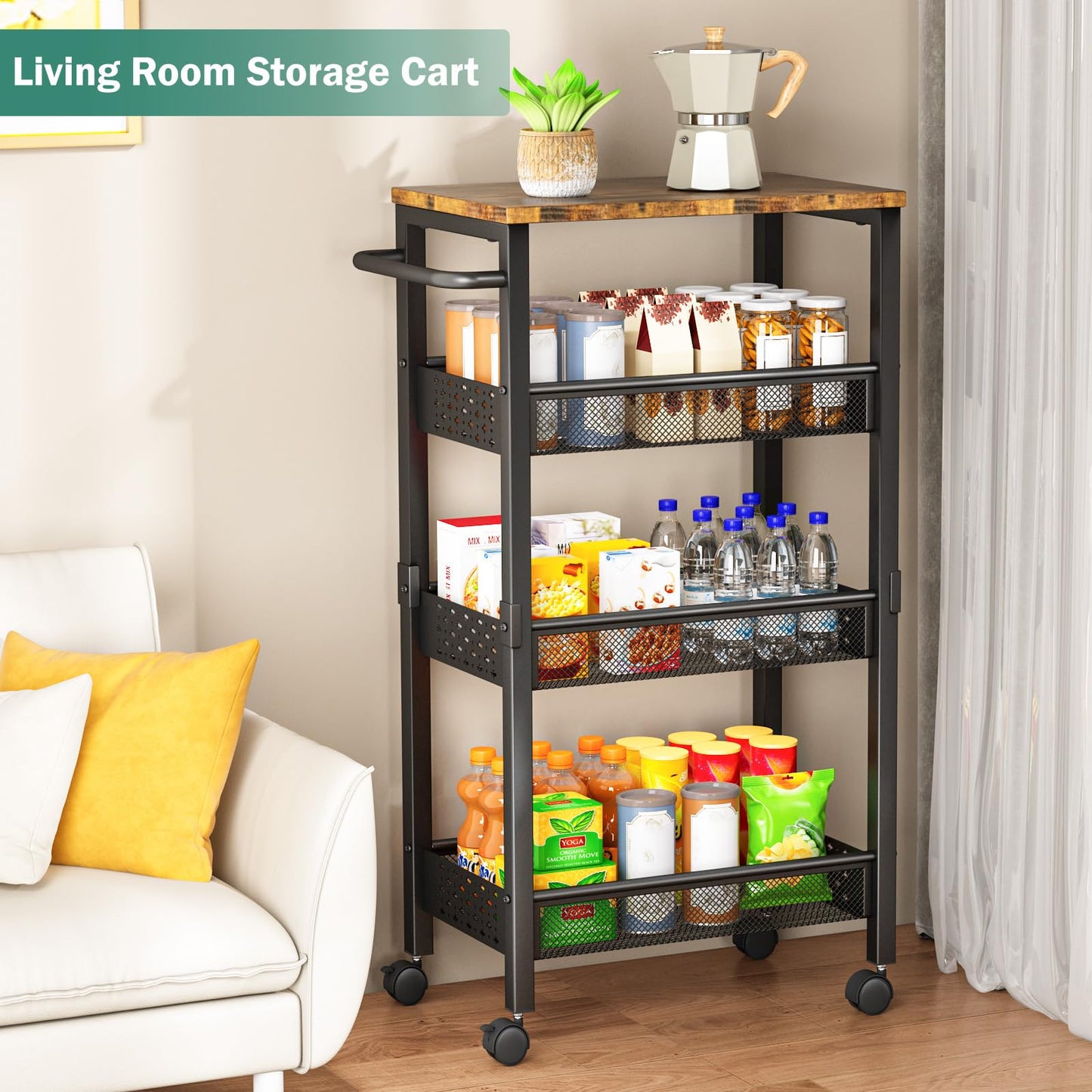 Vivihomety Utility Slim Storage Cart with Wheels, 4-Tier Narrow Rolling Organizer Shelf with Wood Top, Metal Storage Rack and Space-Saving Organizer for Bathroom, Kitchen, Laundry Room, Small Spaces