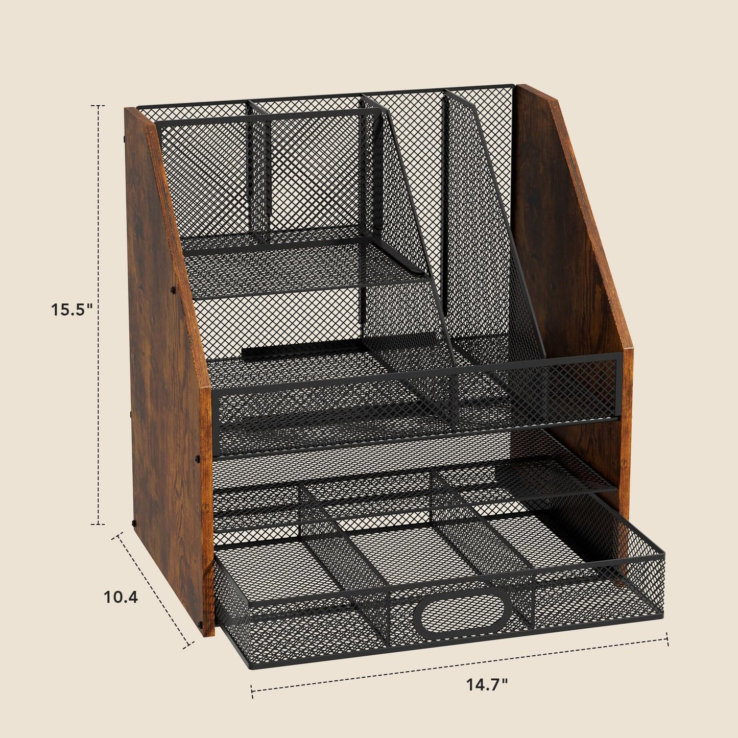 Homsorout Wooden Desk Organizer - Mesh File Organizer with Drawers and Pen Holder - 4-Tier Vertical Paper Letter Storage Tray, Desktop Organizers and Accessories for Home Office
