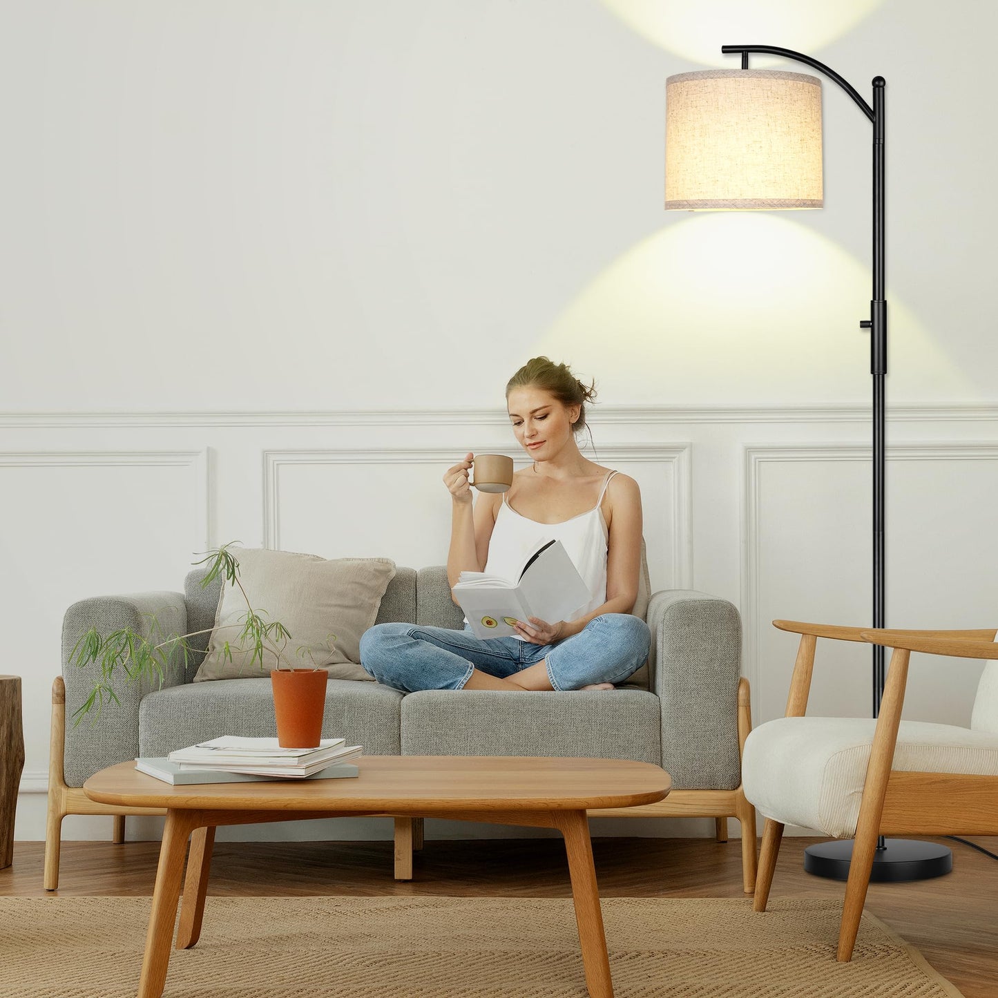 Dimmable Floor Lamp, Arc Floor Lamps for Living Room, Stepless Dimming Modern Standing Lamp with Linen Shade, Tall Lamp for Bedroom Office Dining Room- Black