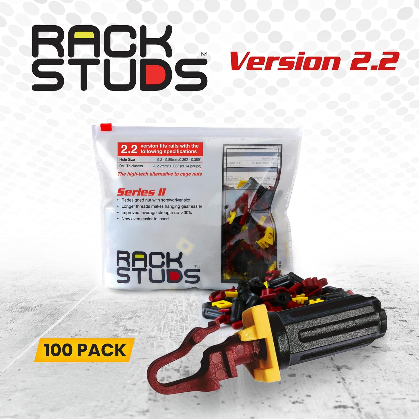 Rackstuds R100 II - Server Rack Screws for 19" Rails, Perfect Cage Nut Replacement, Rack Nuts - Red, 100-Pack, 2.22mm/0.086"